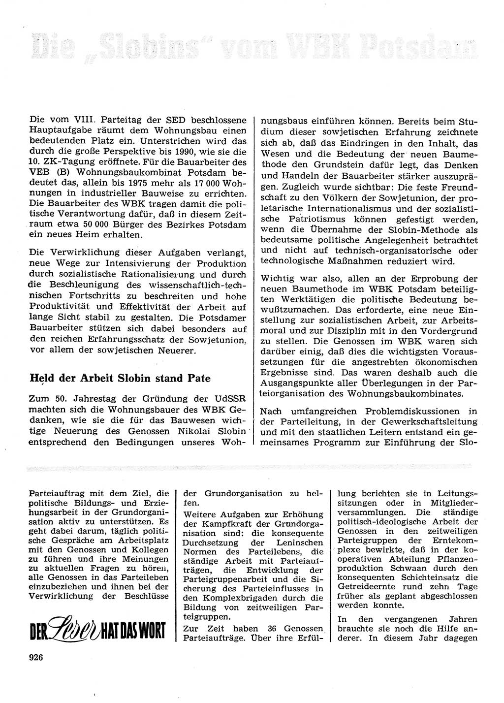 Neuer Weg (NW), Organ des Zentralkomitees (ZK) der SED (Sozialistische Einheitspartei Deutschlands) für Fragen des Parteilebens, 28. Jahrgang [Deutsche Demokratische Republik (DDR)] 1973, Seite 926 (NW ZK SED DDR 1973, S. 926)