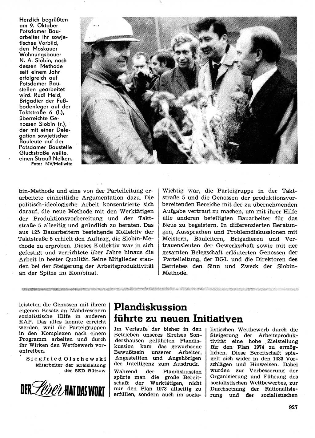 Neuer Weg (NW), Organ des Zentralkomitees (ZK) der SED (Sozialistische Einheitspartei Deutschlands) für Fragen des Parteilebens, 28. Jahrgang [Deutsche Demokratische Republik (DDR)] 1973, Seite 927 (NW ZK SED DDR 1973, S. 927)