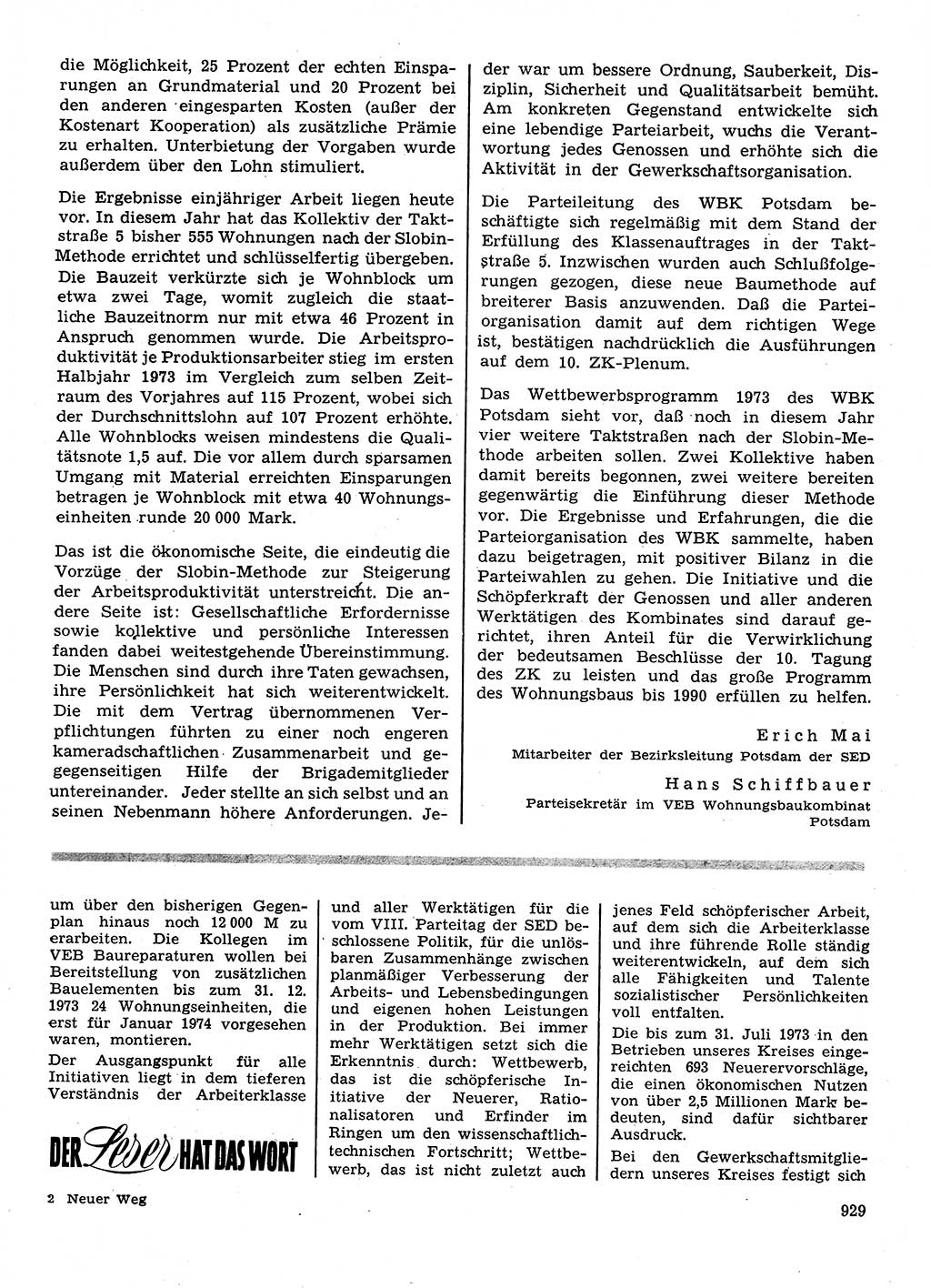 Neuer Weg (NW), Organ des Zentralkomitees (ZK) der SED (Sozialistische Einheitspartei Deutschlands) für Fragen des Parteilebens, 28. Jahrgang [Deutsche Demokratische Republik (DDR)] 1973, Seite 929 (NW ZK SED DDR 1973, S. 929)