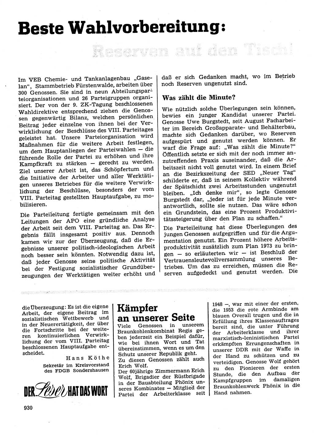 Neuer Weg (NW), Organ des Zentralkomitees (ZK) der SED (Sozialistische Einheitspartei Deutschlands) für Fragen des Parteilebens, 28. Jahrgang [Deutsche Demokratische Republik (DDR)] 1973, Seite 930 (NW ZK SED DDR 1973, S. 930)