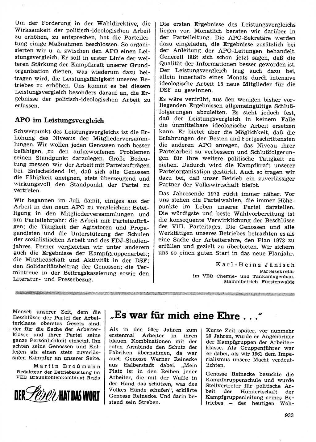 Neuer Weg (NW), Organ des Zentralkomitees (ZK) der SED (Sozialistische Einheitspartei Deutschlands) für Fragen des Parteilebens, 28. Jahrgang [Deutsche Demokratische Republik (DDR)] 1973, Seite 933 (NW ZK SED DDR 1973, S. 933)