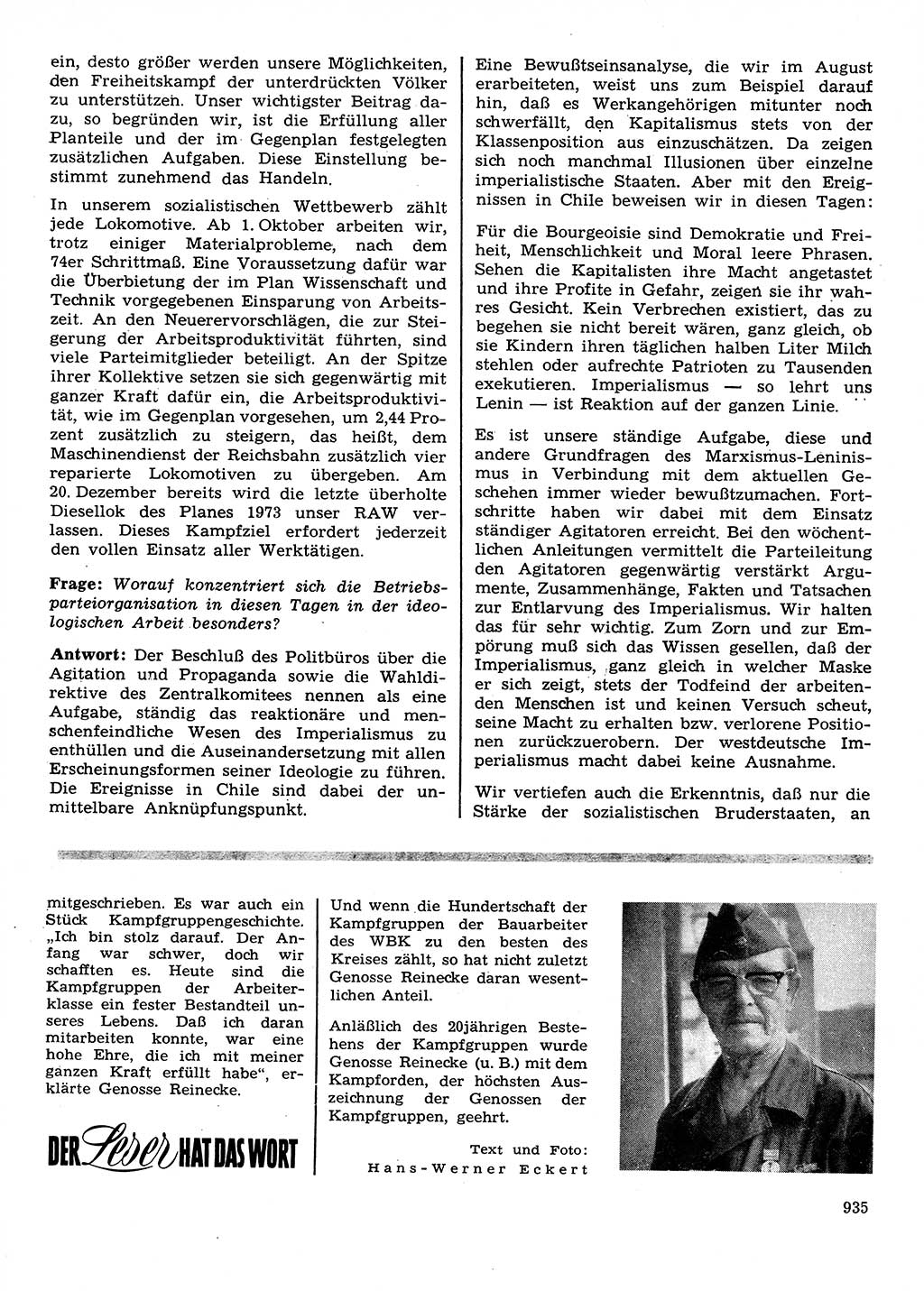 Neuer Weg (NW), Organ des Zentralkomitees (ZK) der SED (Sozialistische Einheitspartei Deutschlands) für Fragen des Parteilebens, 28. Jahrgang [Deutsche Demokratische Republik (DDR)] 1973, Seite 935 (NW ZK SED DDR 1973, S. 935)