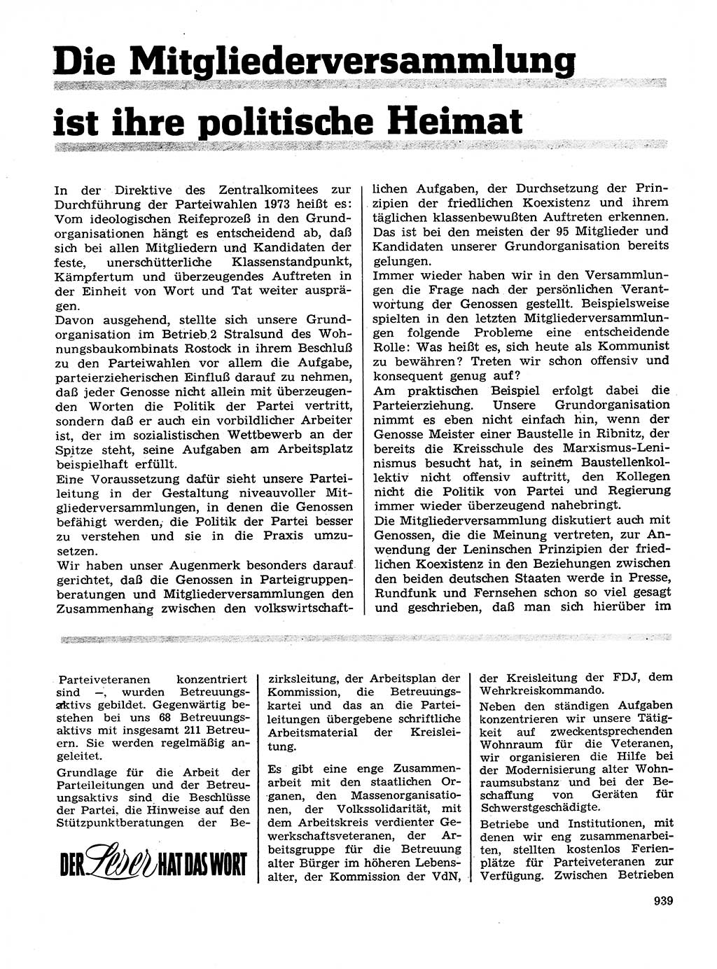 Neuer Weg (NW), Organ des Zentralkomitees (ZK) der SED (Sozialistische Einheitspartei Deutschlands) für Fragen des Parteilebens, 28. Jahrgang [Deutsche Demokratische Republik (DDR)] 1973, Seite 939 (NW ZK SED DDR 1973, S. 939)