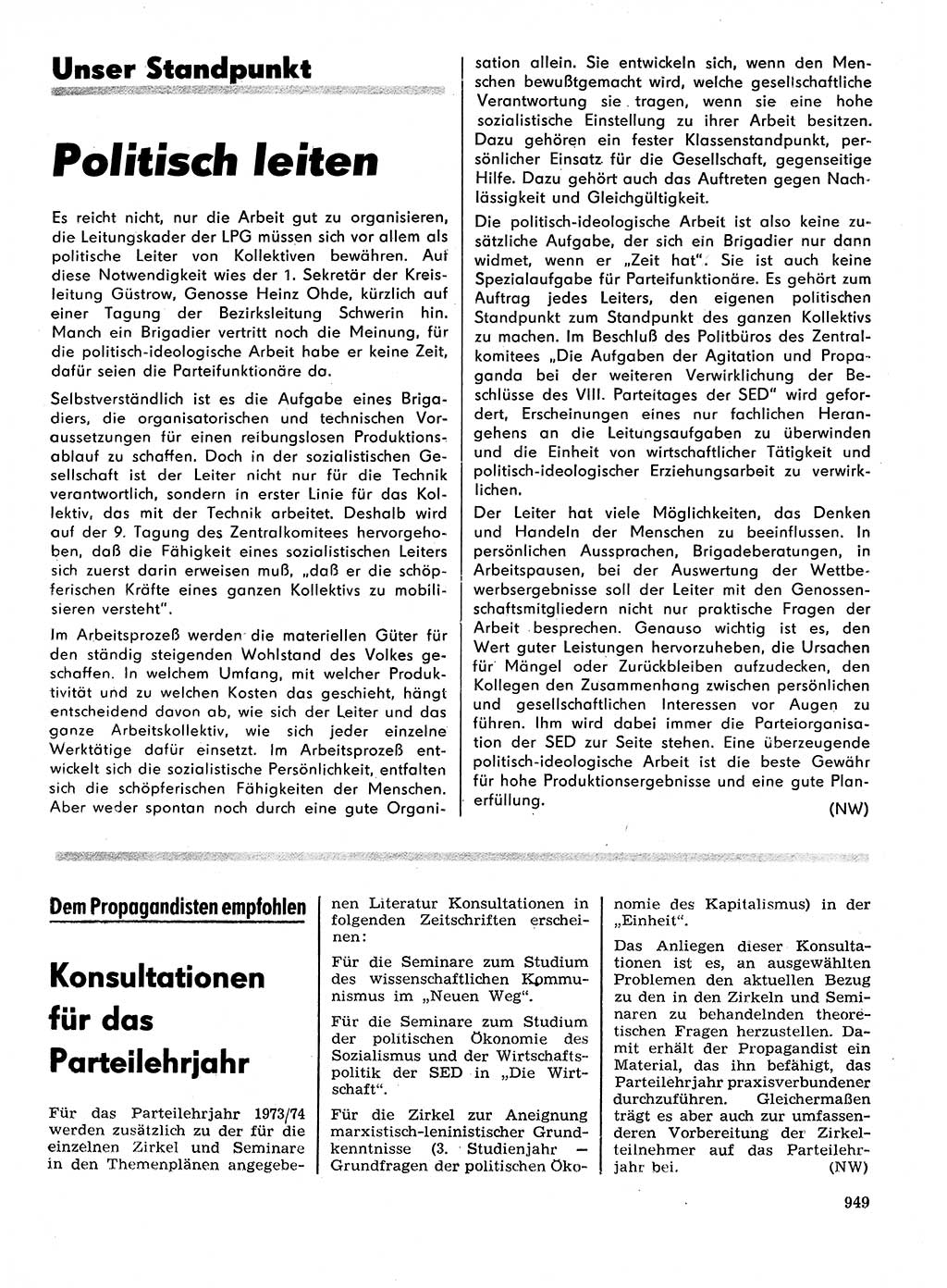 Neuer Weg (NW), Organ des Zentralkomitees (ZK) der SED (Sozialistische Einheitspartei Deutschlands) für Fragen des Parteilebens, 28. Jahrgang [Deutsche Demokratische Republik (DDR)] 1973, Seite 949 (NW ZK SED DDR 1973, S. 949)