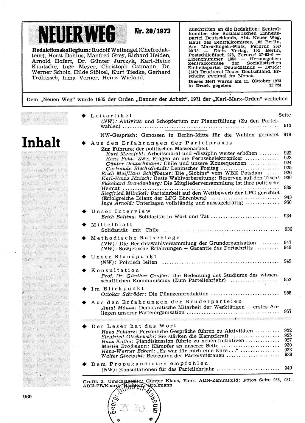 Neuer Weg (NW), Organ des Zentralkomitees (ZK) der SED (Sozialistische Einheitspartei Deutschlands) für Fragen des Parteilebens, 28. Jahrgang [Deutsche Demokratische Republik (DDR)] 1973, Seite 960 (NW ZK SED DDR 1973, S. 960)