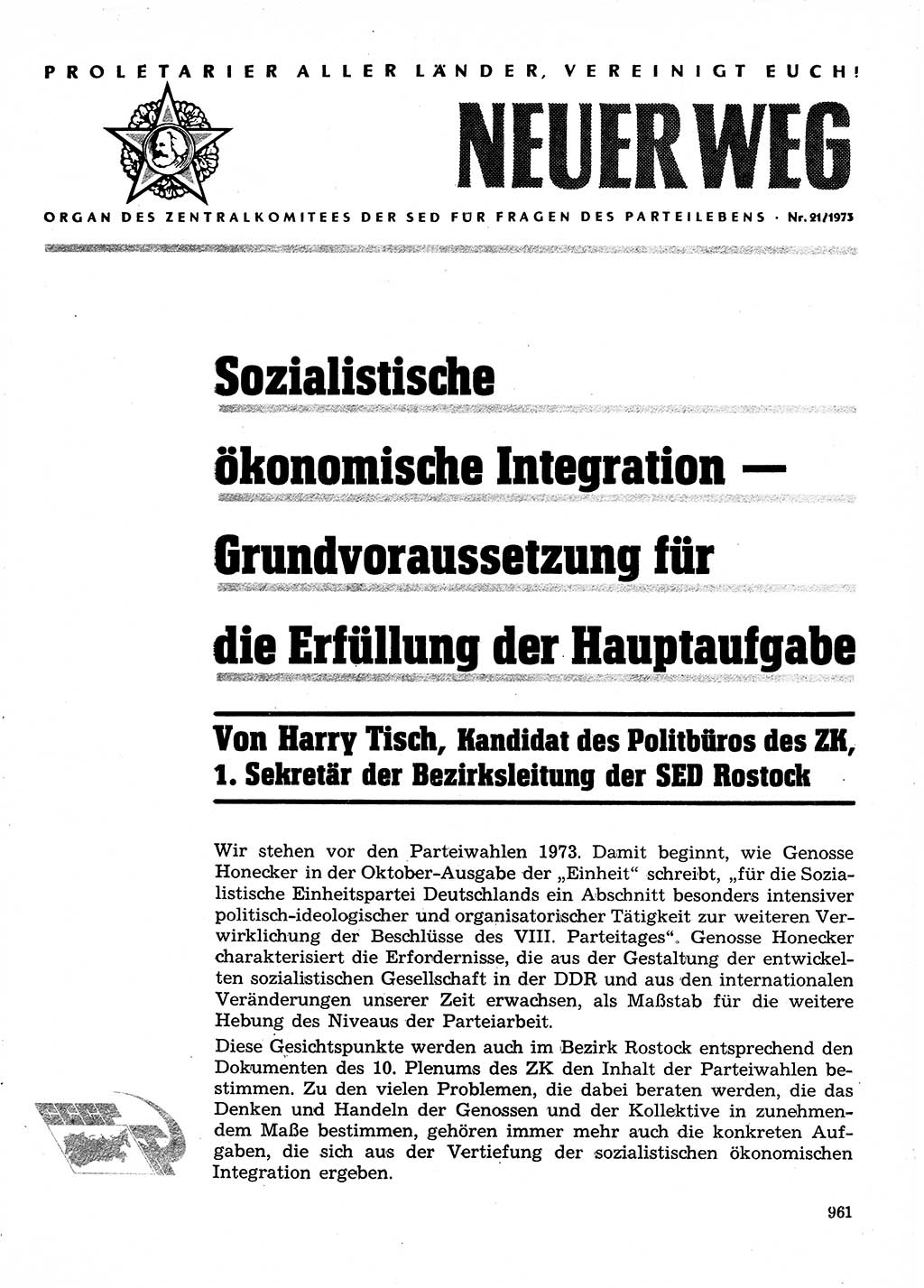 Neuer Weg (NW), Organ des Zentralkomitees (ZK) der SED (Sozialistische Einheitspartei Deutschlands) für Fragen des Parteilebens, 28. Jahrgang [Deutsche Demokratische Republik (DDR)] 1973, Seite 961 (NW ZK SED DDR 1973, S. 961)
