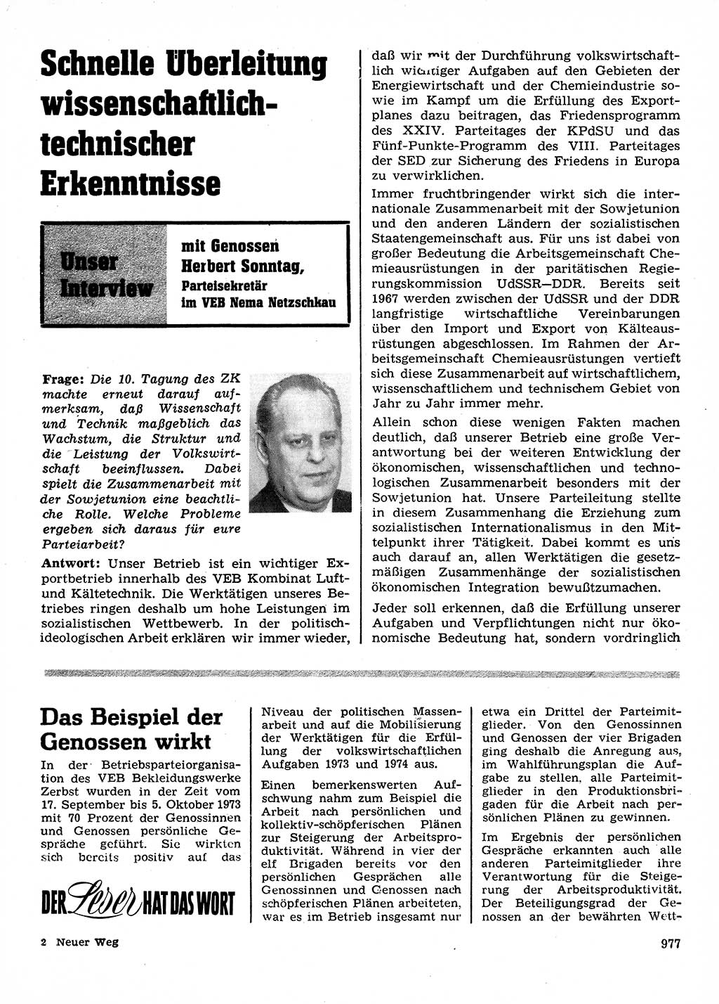 Neuer Weg (NW), Organ des Zentralkomitees (ZK) der SED (Sozialistische Einheitspartei Deutschlands) für Fragen des Parteilebens, 28. Jahrgang [Deutsche Demokratische Republik (DDR)] 1973, Seite 977 (NW ZK SED DDR 1973, S. 977)