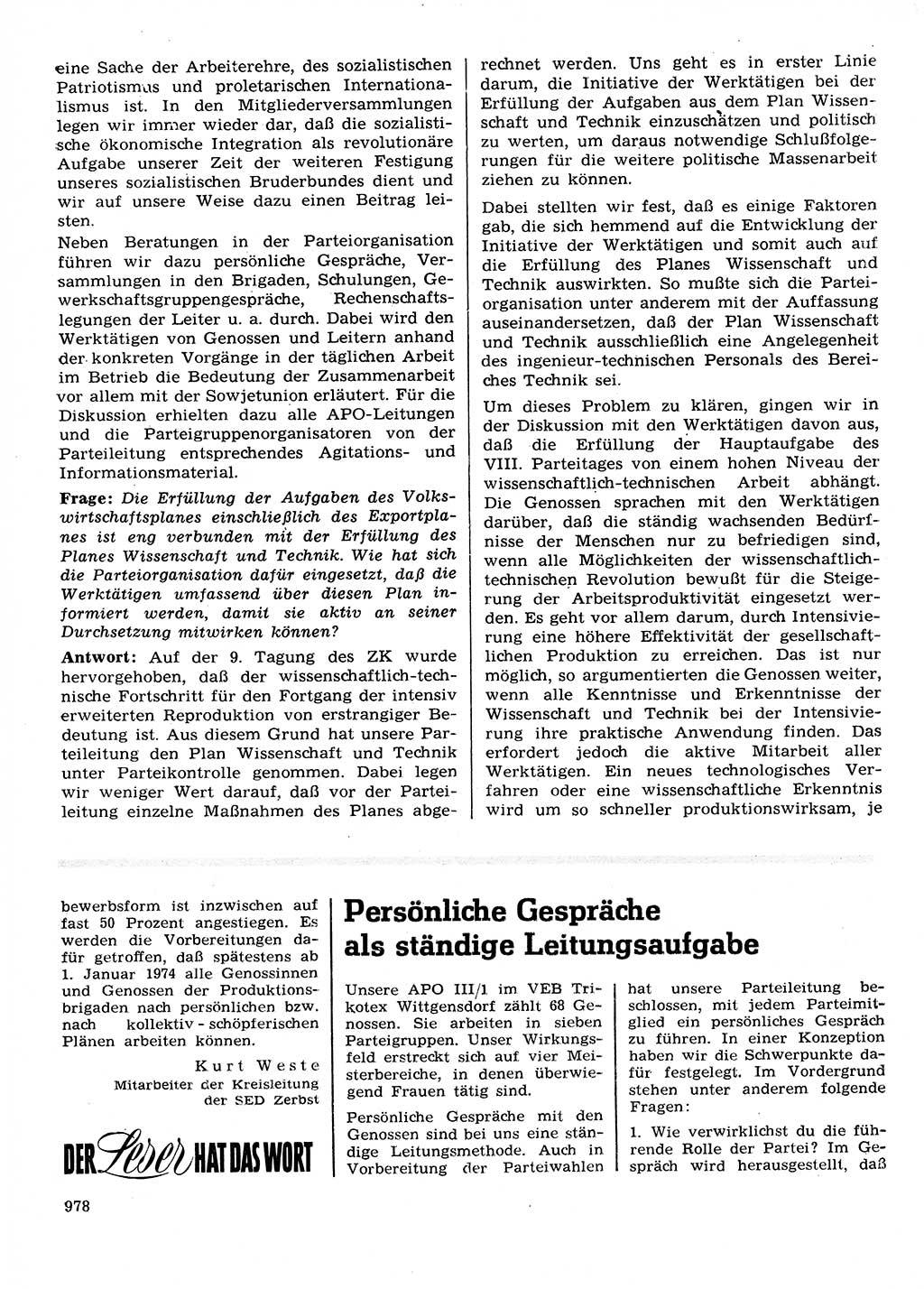 Neuer Weg (NW), Organ des Zentralkomitees (ZK) der SED (Sozialistische Einheitspartei Deutschlands) für Fragen des Parteilebens, 28. Jahrgang [Deutsche Demokratische Republik (DDR)] 1973, Seite 978 (NW ZK SED DDR 1973, S. 978)