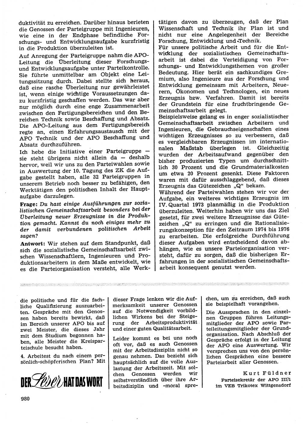 Neuer Weg (NW), Organ des Zentralkomitees (ZK) der SED (Sozialistische Einheitspartei Deutschlands) für Fragen des Parteilebens, 28. Jahrgang [Deutsche Demokratische Republik (DDR)] 1973, Seite 980 (NW ZK SED DDR 1973, S. 980)
