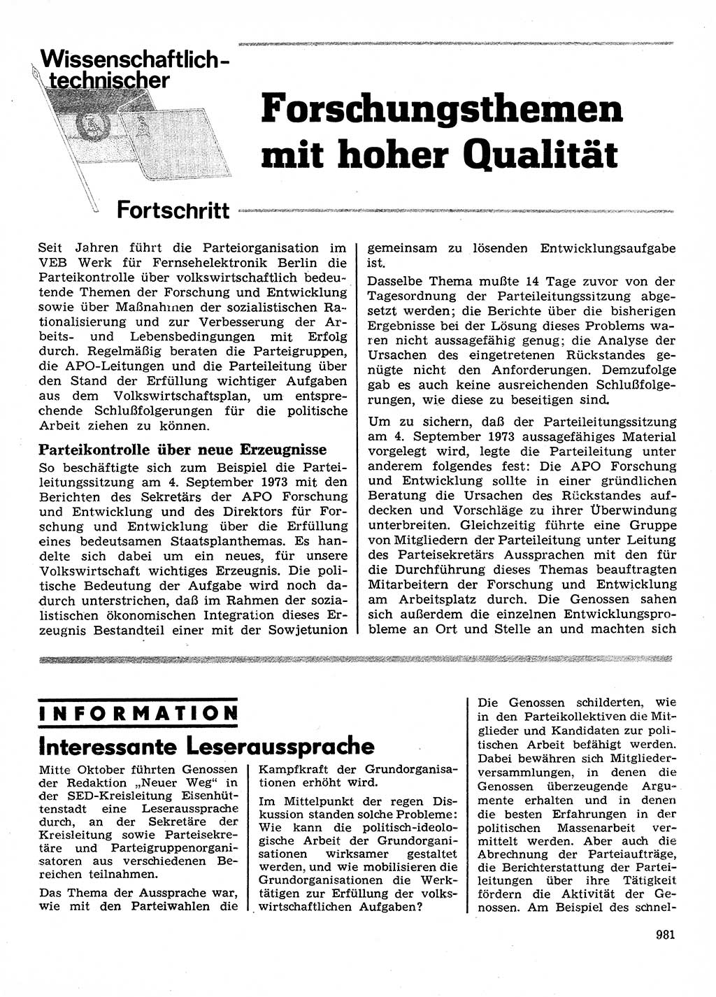 Neuer Weg (NW), Organ des Zentralkomitees (ZK) der SED (Sozialistische Einheitspartei Deutschlands) für Fragen des Parteilebens, 28. Jahrgang [Deutsche Demokratische Republik (DDR)] 1973, Seite 981 (NW ZK SED DDR 1973, S. 981)