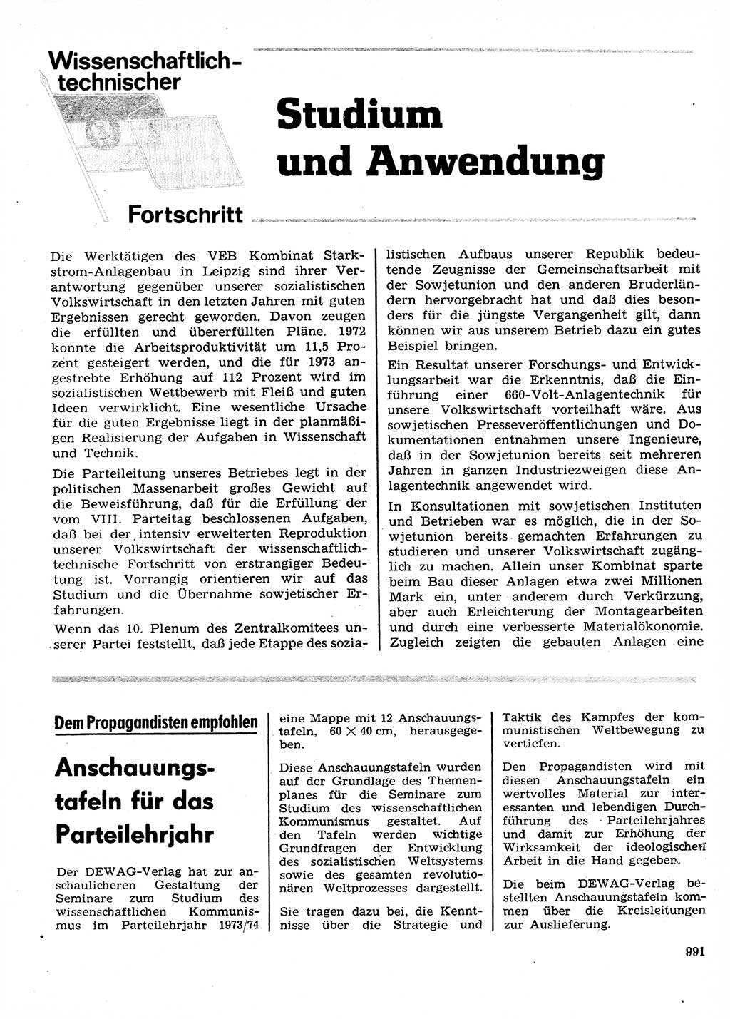 Neuer Weg (NW), Organ des Zentralkomitees (ZK) der SED (Sozialistische Einheitspartei Deutschlands) für Fragen des Parteilebens, 28. Jahrgang [Deutsche Demokratische Republik (DDR)] 1973, Seite 991 (NW ZK SED DDR 1973, S. 991)