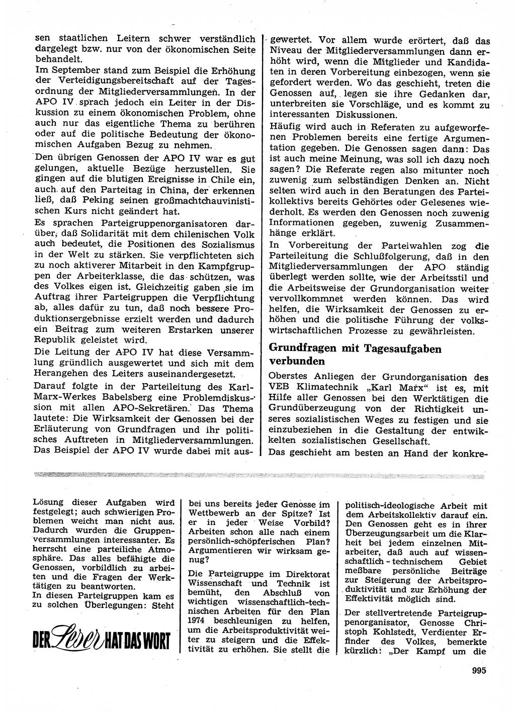 Neuer Weg (NW), Organ des Zentralkomitees (ZK) der SED (Sozialistische Einheitspartei Deutschlands) für Fragen des Parteilebens, 28. Jahrgang [Deutsche Demokratische Republik (DDR)] 1973, Seite 995 (NW ZK SED DDR 1973, S. 995)