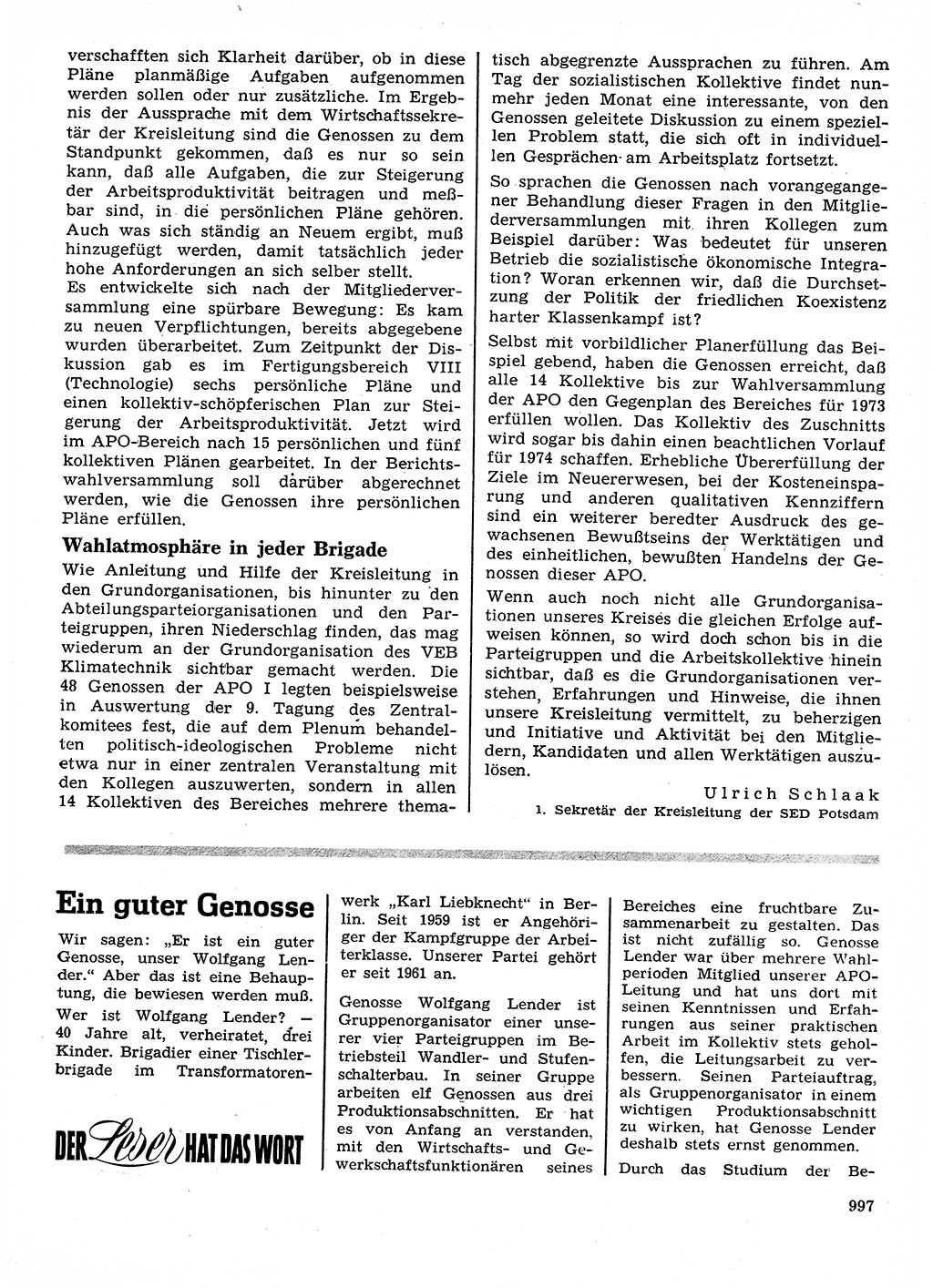 Neuer Weg (NW), Organ des Zentralkomitees (ZK) der SED (Sozialistische Einheitspartei Deutschlands) für Fragen des Parteilebens, 28. Jahrgang [Deutsche Demokratische Republik (DDR)] 1973, Seite 997 (NW ZK SED DDR 1973, S. 997)