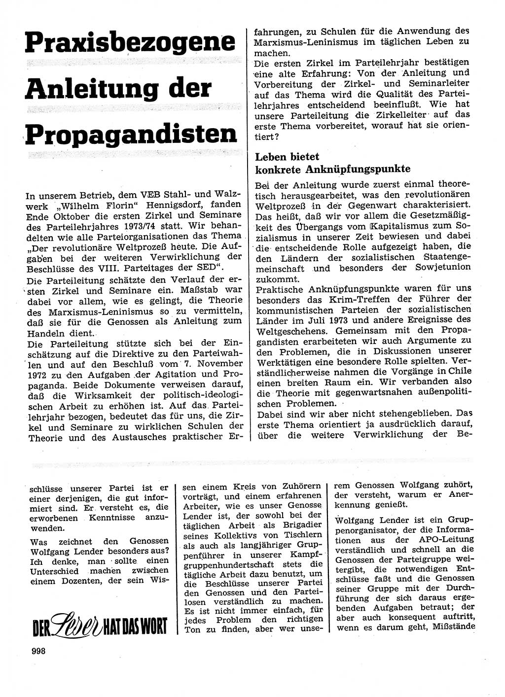 Neuer Weg (NW), Organ des Zentralkomitees (ZK) der SED (Sozialistische Einheitspartei Deutschlands) für Fragen des Parteilebens, 28. Jahrgang [Deutsche Demokratische Republik (DDR)] 1973, Seite 998 (NW ZK SED DDR 1973, S. 998)