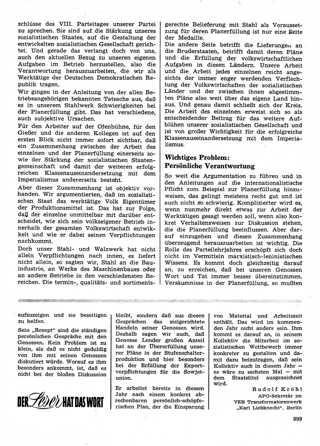 Neuer Weg (NW), Organ des Zentralkomitees (ZK) der SED (Sozialistische Einheitspartei Deutschlands) für Fragen des Parteilebens, 28. Jahrgang [Deutsche Demokratische Republik (DDR)] 1973, Seite 999 (NW ZK SED DDR 1973, S. 999)