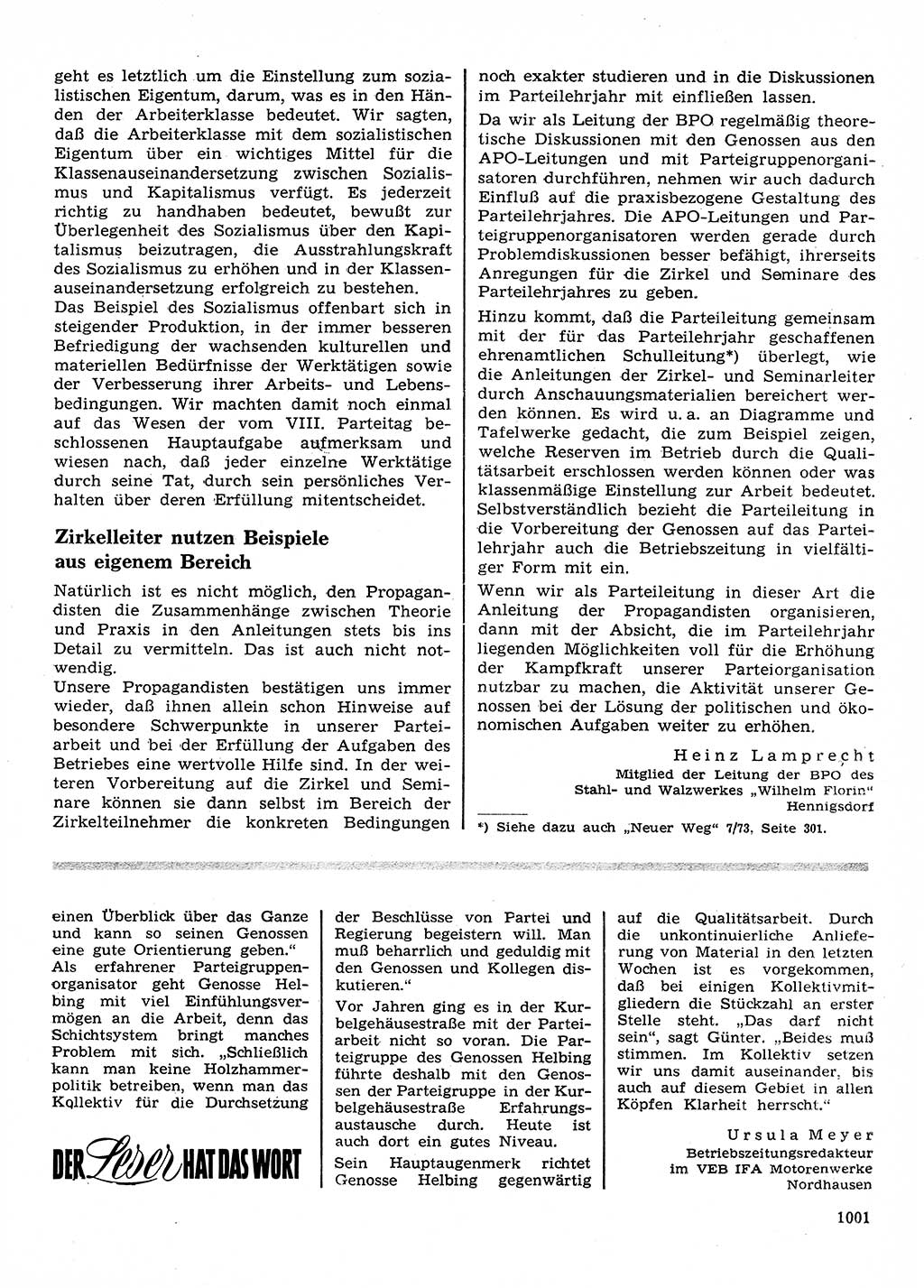 Neuer Weg (NW), Organ des Zentralkomitees (ZK) der SED (Sozialistische Einheitspartei Deutschlands) für Fragen des Parteilebens, 28. Jahrgang [Deutsche Demokratische Republik (DDR)] 1973, Seite 1001 (NW ZK SED DDR 1973, S. 1001)