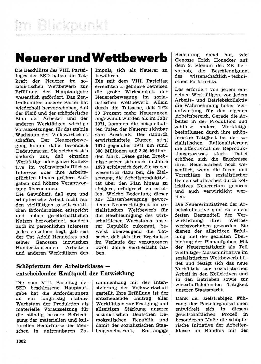 Neuer Weg (NW), Organ des Zentralkomitees (ZK) der SED (Sozialistische Einheitspartei Deutschlands) für Fragen des Parteilebens, 28. Jahrgang [Deutsche Demokratische Republik (DDR)] 1973, Seite 1002 (NW ZK SED DDR 1973, S. 1002)