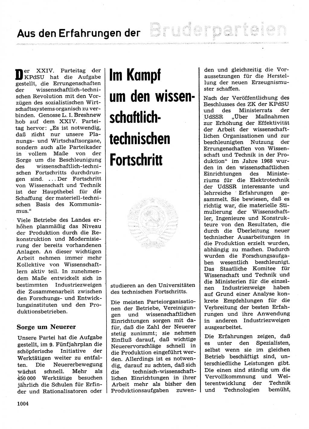 Neuer Weg (NW), Organ des Zentralkomitees (ZK) der SED (Sozialistische Einheitspartei Deutschlands) für Fragen des Parteilebens, 28. Jahrgang [Deutsche Demokratische Republik (DDR)] 1973, Seite 1004 (NW ZK SED DDR 1973, S. 1004)