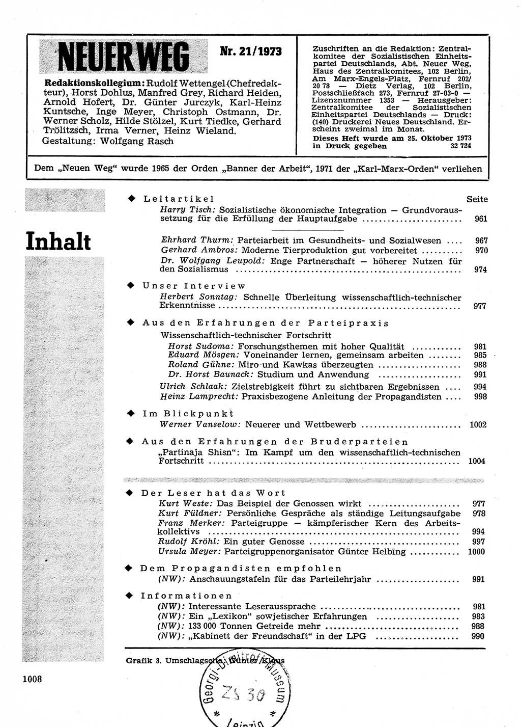 Neuer Weg (NW), Organ des Zentralkomitees (ZK) der SED (Sozialistische Einheitspartei Deutschlands) für Fragen des Parteilebens, 28. Jahrgang [Deutsche Demokratische Republik (DDR)] 1973, Seite 1008 (NW ZK SED DDR 1973, S. 1008)