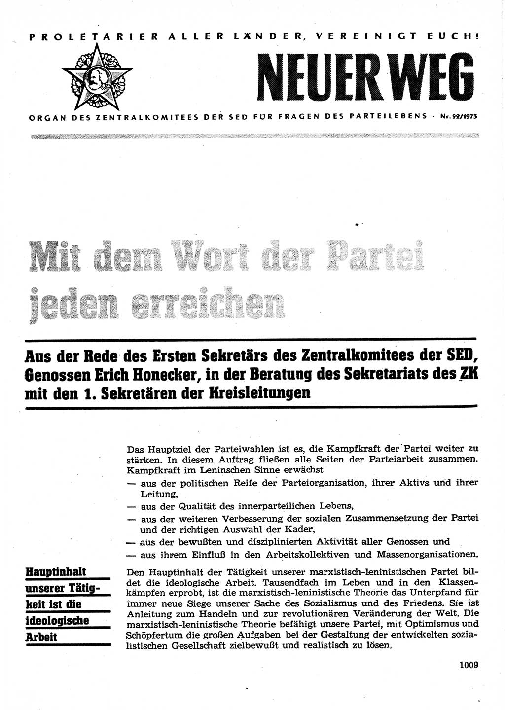 Neuer Weg (NW), Organ des Zentralkomitees (ZK) der SED (Sozialistische Einheitspartei Deutschlands) für Fragen des Parteilebens, 28. Jahrgang [Deutsche Demokratische Republik (DDR)] 1973, Seite 1009 (NW ZK SED DDR 1973, S. 1009)