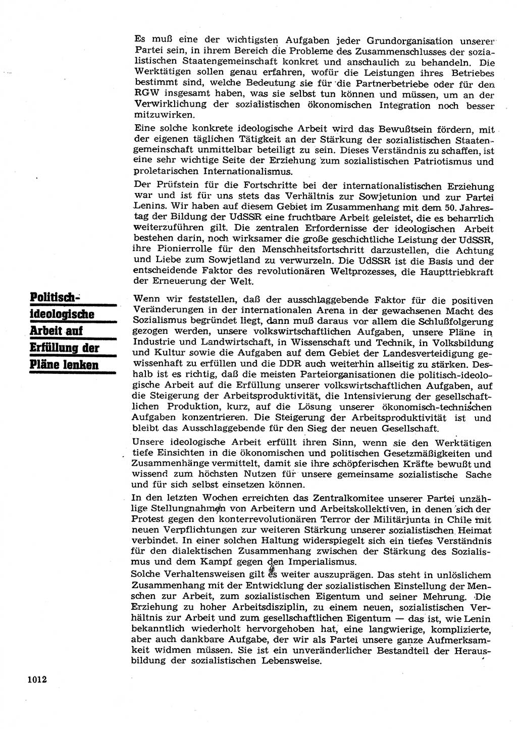 Neuer Weg (NW), Organ des Zentralkomitees (ZK) der SED (Sozialistische Einheitspartei Deutschlands) für Fragen des Parteilebens, 28. Jahrgang [Deutsche Demokratische Republik (DDR)] 1973, Seite 1012 (NW ZK SED DDR 1973, S. 1012)