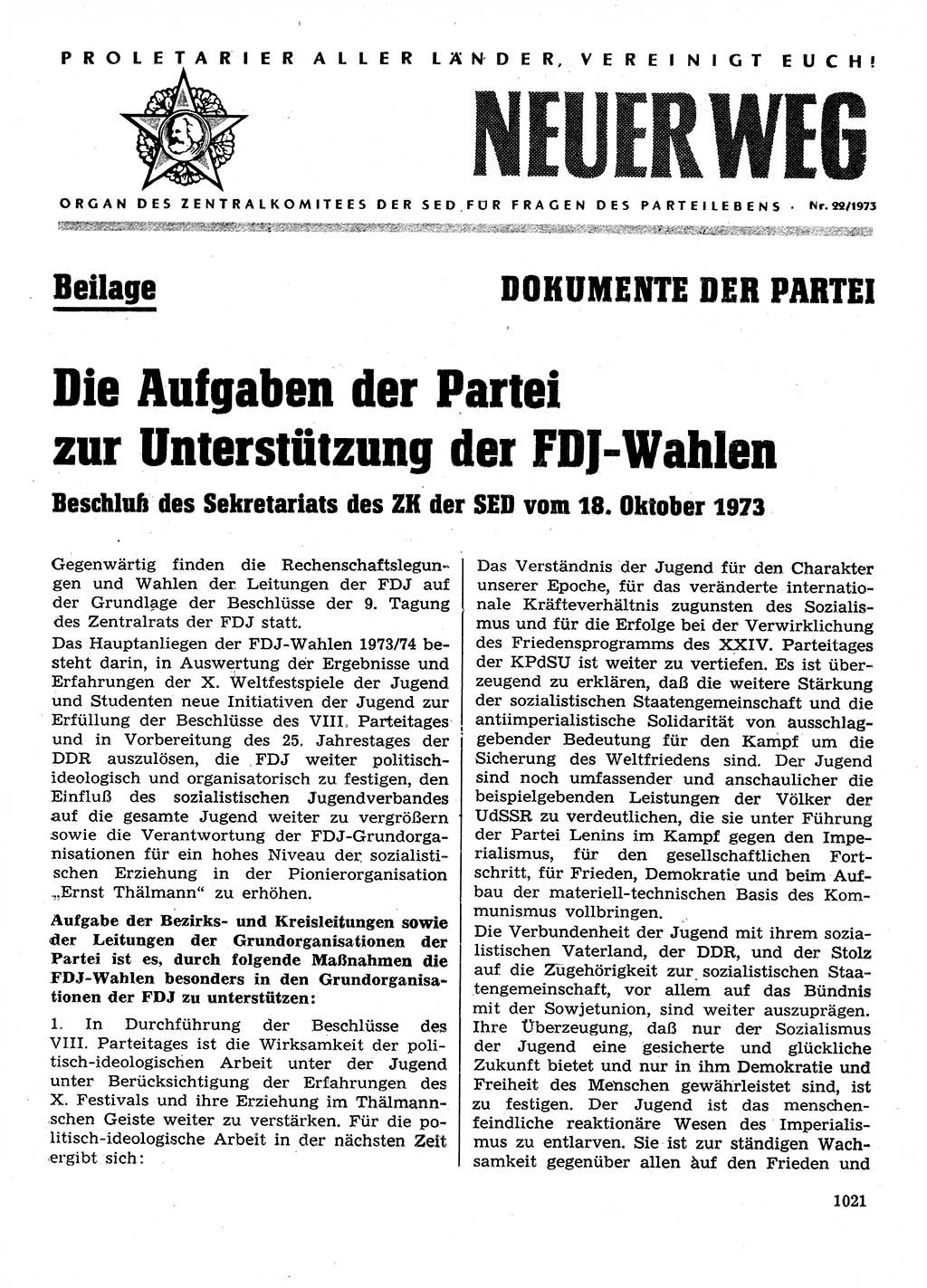 Neuer Weg (NW), Organ des Zentralkomitees (ZK) der SED (Sozialistische Einheitspartei Deutschlands) für Fragen des Parteilebens, 28. Jahrgang [Deutsche Demokratische Republik (DDR)] 1973, Seite 1021 (NW ZK SED DDR 1973, S. 1021)