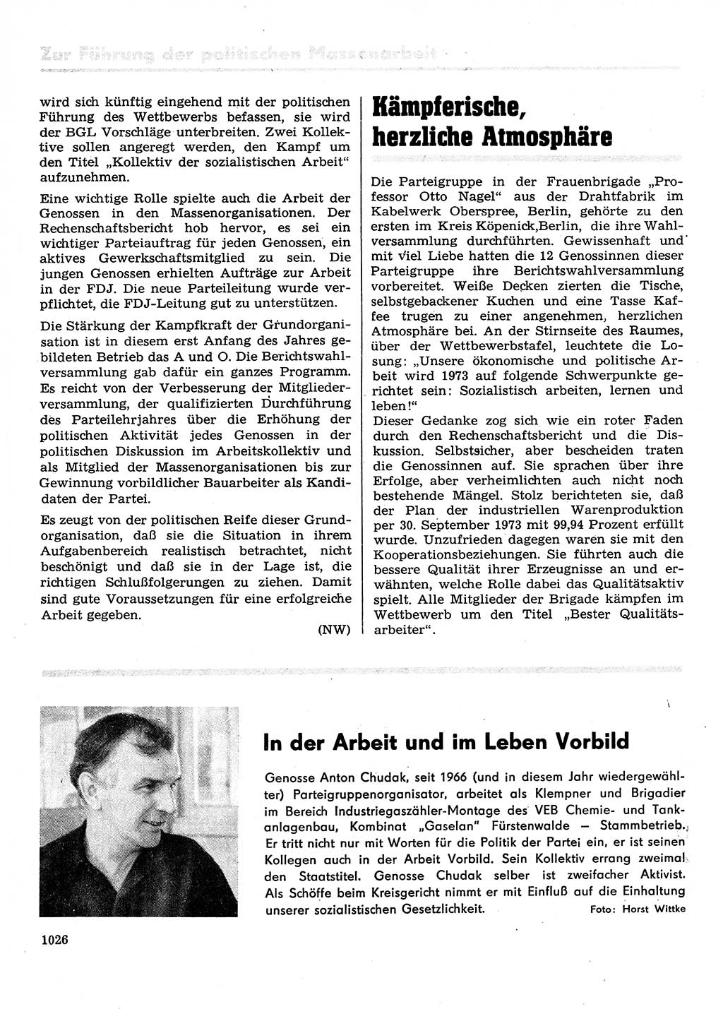 Neuer Weg (NW), Organ des Zentralkomitees (ZK) der SED (Sozialistische Einheitspartei Deutschlands) für Fragen des Parteilebens, 28. Jahrgang [Deutsche Demokratische Republik (DDR)] 1973, Seite 1026 (NW ZK SED DDR 1973, S. 1026)