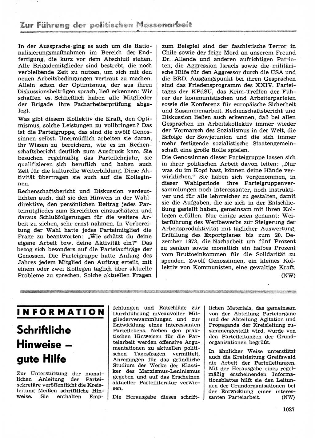 Neuer Weg (NW), Organ des Zentralkomitees (ZK) der SED (Sozialistische Einheitspartei Deutschlands) für Fragen des Parteilebens, 28. Jahrgang [Deutsche Demokratische Republik (DDR)] 1973, Seite 1027 (NW ZK SED DDR 1973, S. 1027)