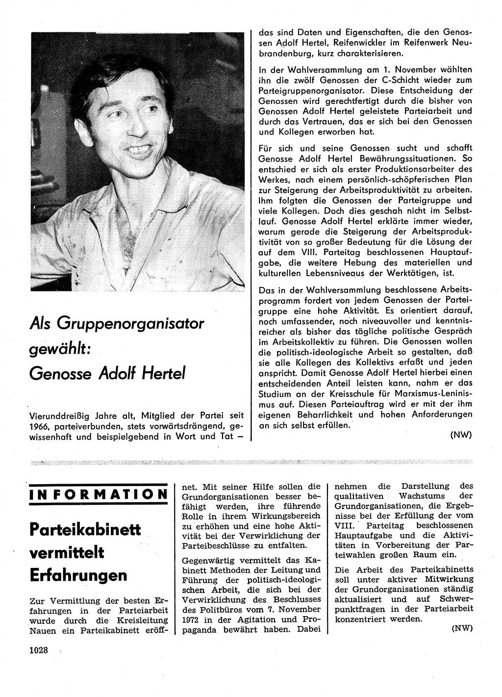 Neuer Weg (NW), Organ des Zentralkomitees (ZK) der SED (Sozialistische Einheitspartei Deutschlands) für Fragen des Parteilebens, 28. Jahrgang [Deutsche Demokratische Republik (DDR)] 1973, Seite 1028 (NW ZK SED DDR 1973, S. 1028)