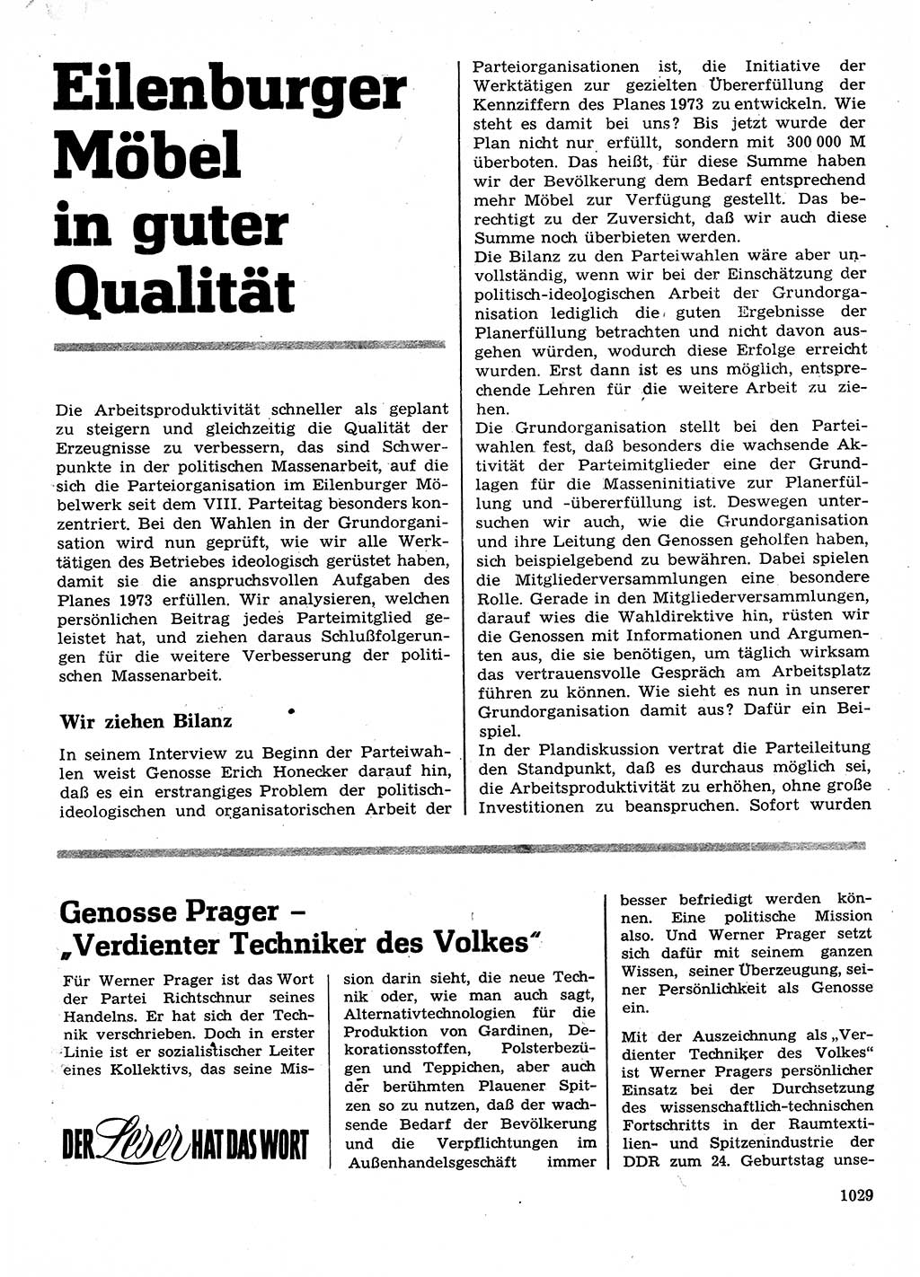 Neuer Weg (NW), Organ des Zentralkomitees (ZK) der SED (Sozialistische Einheitspartei Deutschlands) für Fragen des Parteilebens, 28. Jahrgang [Deutsche Demokratische Republik (DDR)] 1973, Seite 1029 (NW ZK SED DDR 1973, S. 1029)