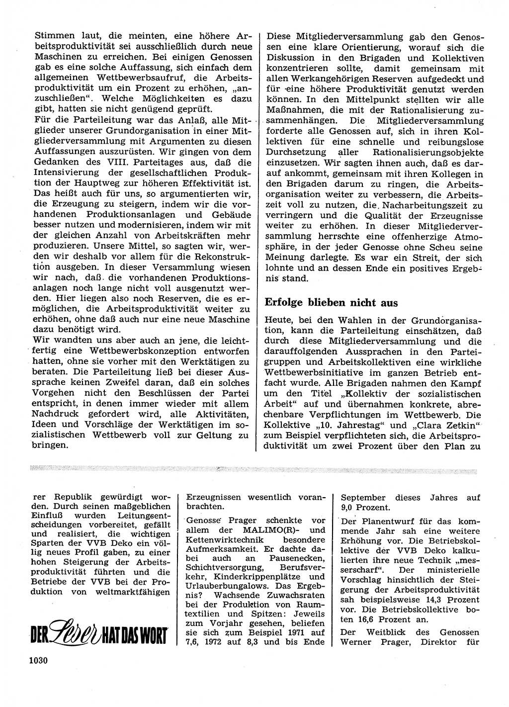 Neuer Weg (NW), Organ des Zentralkomitees (ZK) der SED (Sozialistische Einheitspartei Deutschlands) für Fragen des Parteilebens, 28. Jahrgang [Deutsche Demokratische Republik (DDR)] 1973, Seite 1030 (NW ZK SED DDR 1973, S. 1030)