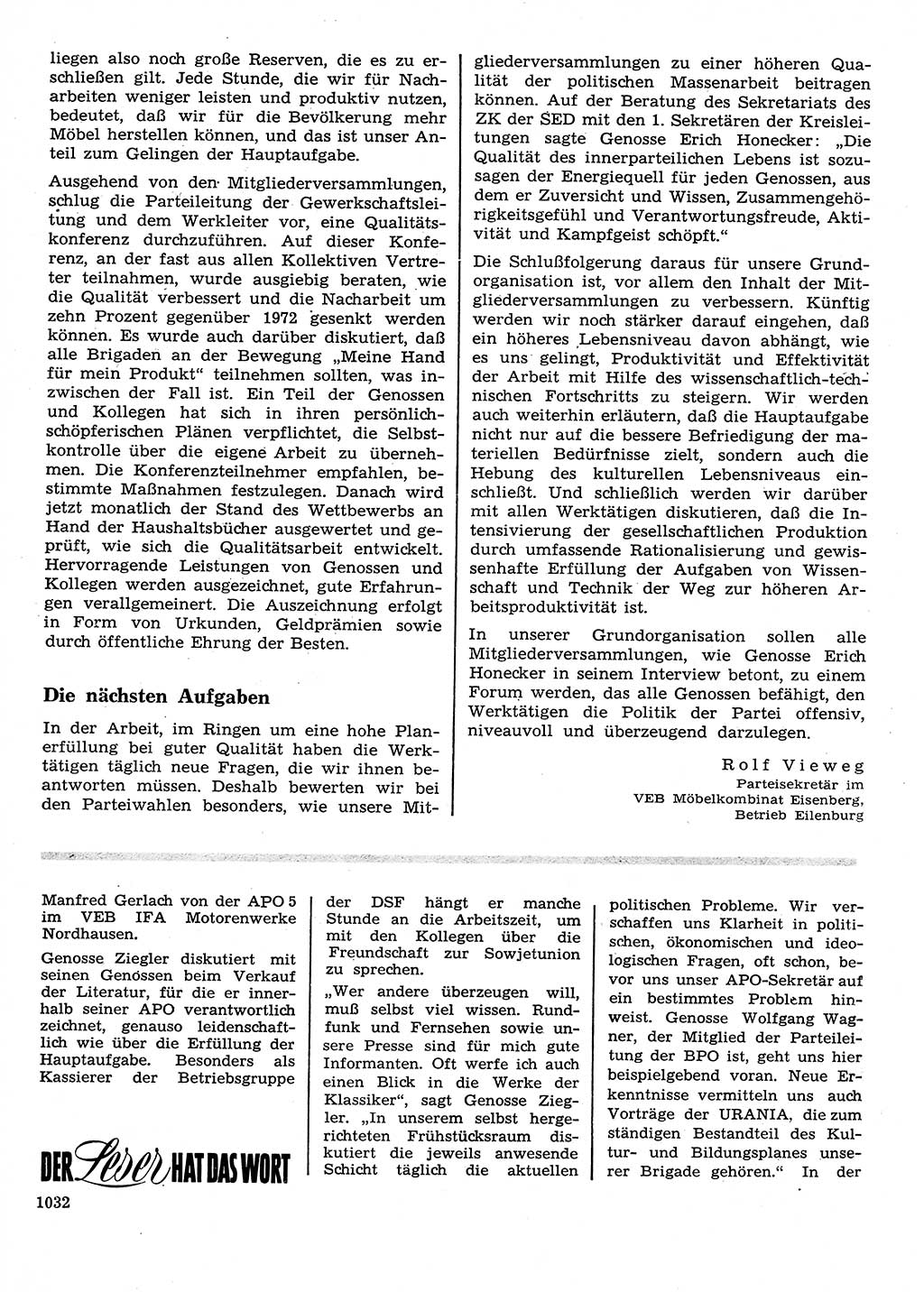 Neuer Weg (NW), Organ des Zentralkomitees (ZK) der SED (Sozialistische Einheitspartei Deutschlands) für Fragen des Parteilebens, 28. Jahrgang [Deutsche Demokratische Republik (DDR)] 1973, Seite 1032 (NW ZK SED DDR 1973, S. 1032)