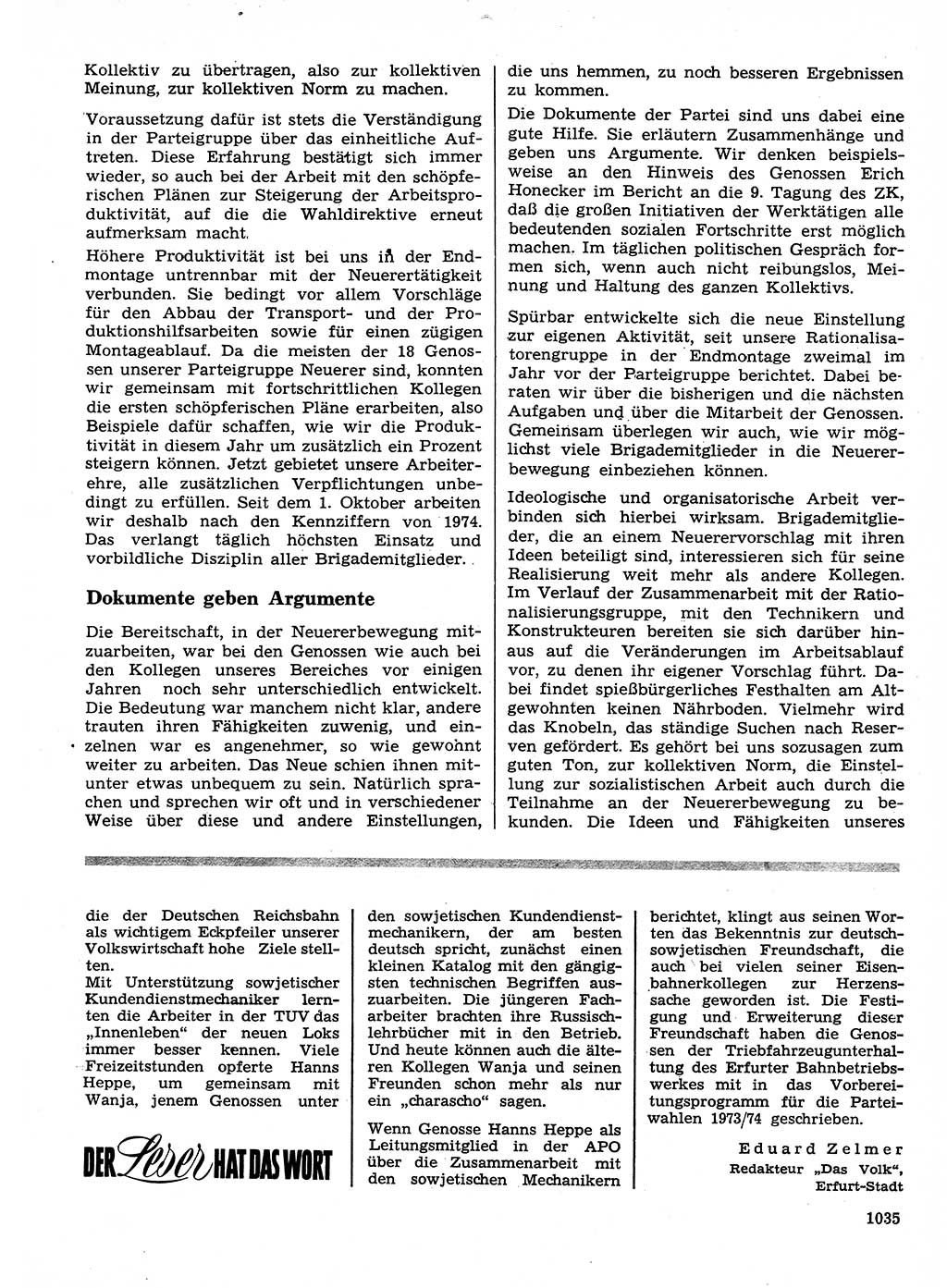 Neuer Weg (NW), Organ des Zentralkomitees (ZK) der SED (Sozialistische Einheitspartei Deutschlands) für Fragen des Parteilebens, 28. Jahrgang [Deutsche Demokratische Republik (DDR)] 1973, Seite 1035 (NW ZK SED DDR 1973, S. 1035)