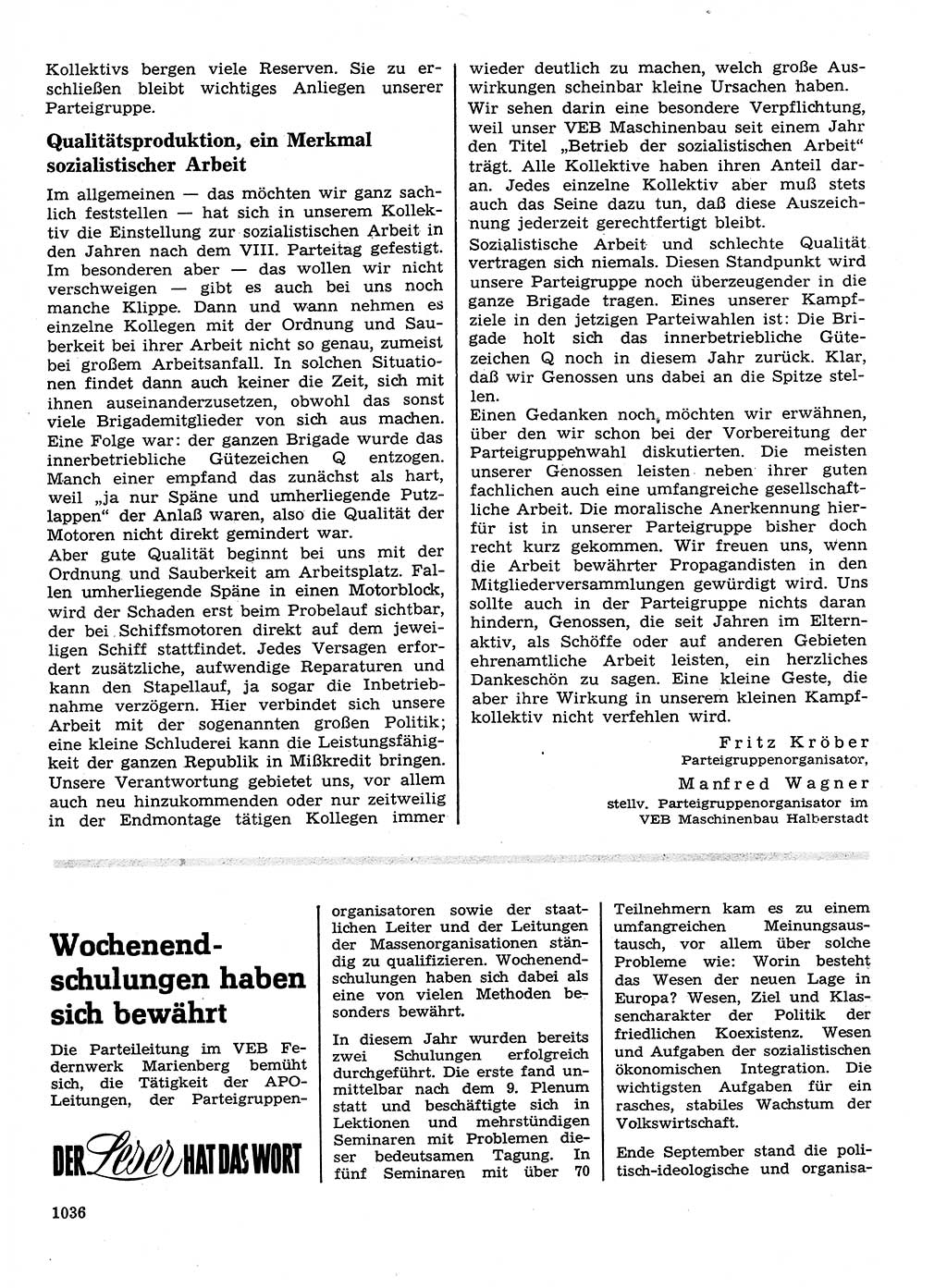 Neuer Weg (NW), Organ des Zentralkomitees (ZK) der SED (Sozialistische Einheitspartei Deutschlands) für Fragen des Parteilebens, 28. Jahrgang [Deutsche Demokratische Republik (DDR)] 1973, Seite 1036 (NW ZK SED DDR 1973, S. 1036)