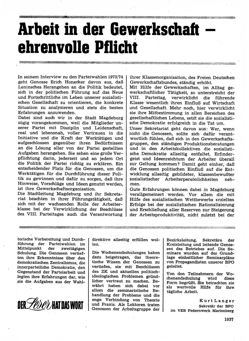 Neuer Weg (NW), Organ des Zentralkomitees (ZK) der SED (Sozialistische Einheitspartei Deutschlands) für Fragen des Parteilebens, 28. Jahrgang [Deutsche Demokratische Republik (DDR)] 1973, Seite 1037 (NW ZK SED DDR 1973, S. 1037)