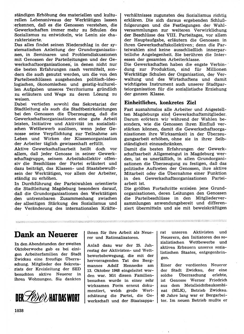 Neuer Weg (NW), Organ des Zentralkomitees (ZK) der SED (Sozialistische Einheitspartei Deutschlands) für Fragen des Parteilebens, 28. Jahrgang [Deutsche Demokratische Republik (DDR)] 1973, Seite 1038 (NW ZK SED DDR 1973, S. 1038)