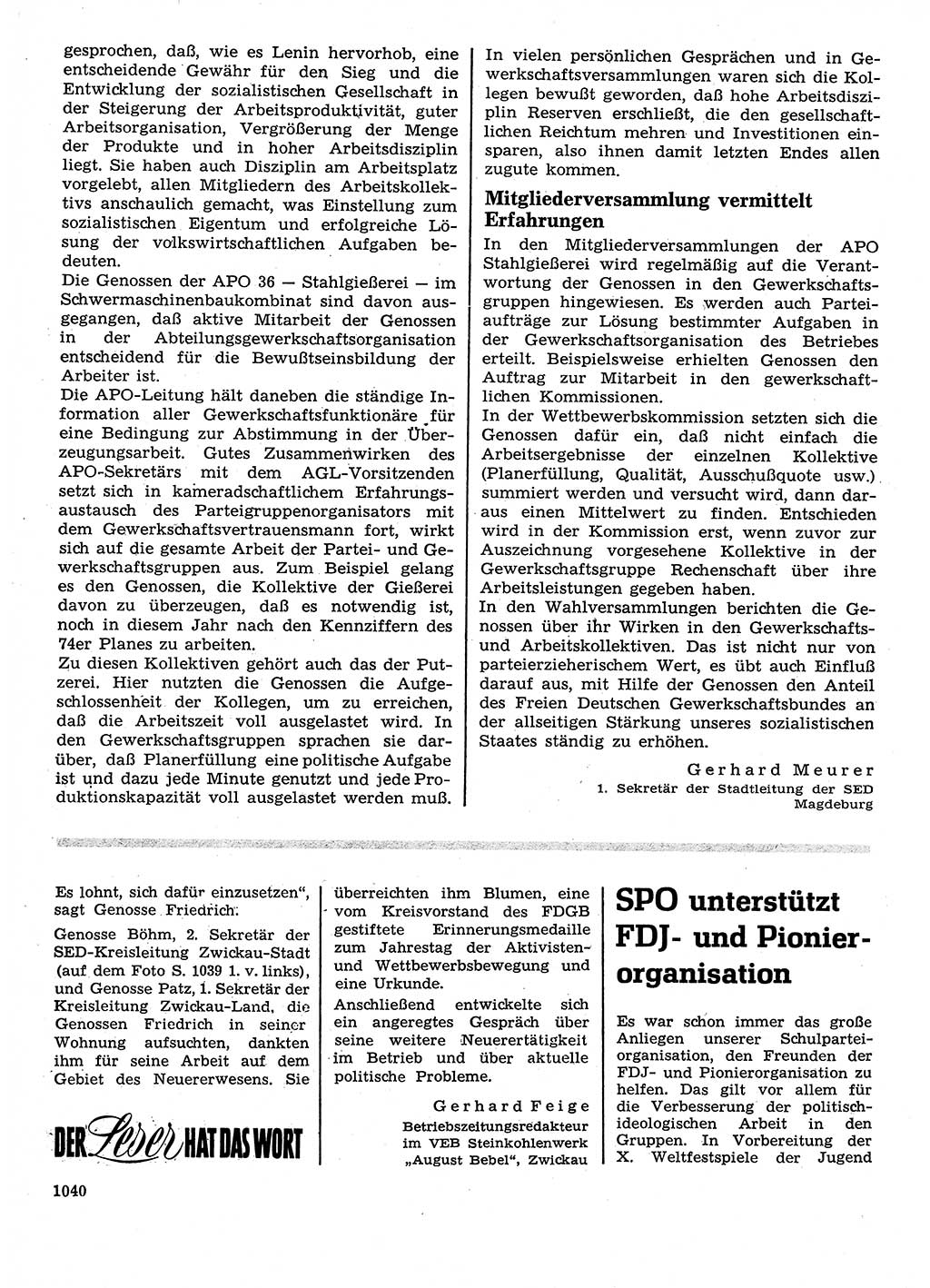 Neuer Weg (NW), Organ des Zentralkomitees (ZK) der SED (Sozialistische Einheitspartei Deutschlands) für Fragen des Parteilebens, 28. Jahrgang [Deutsche Demokratische Republik (DDR)] 1973, Seite 1040 (NW ZK SED DDR 1973, S. 1040)