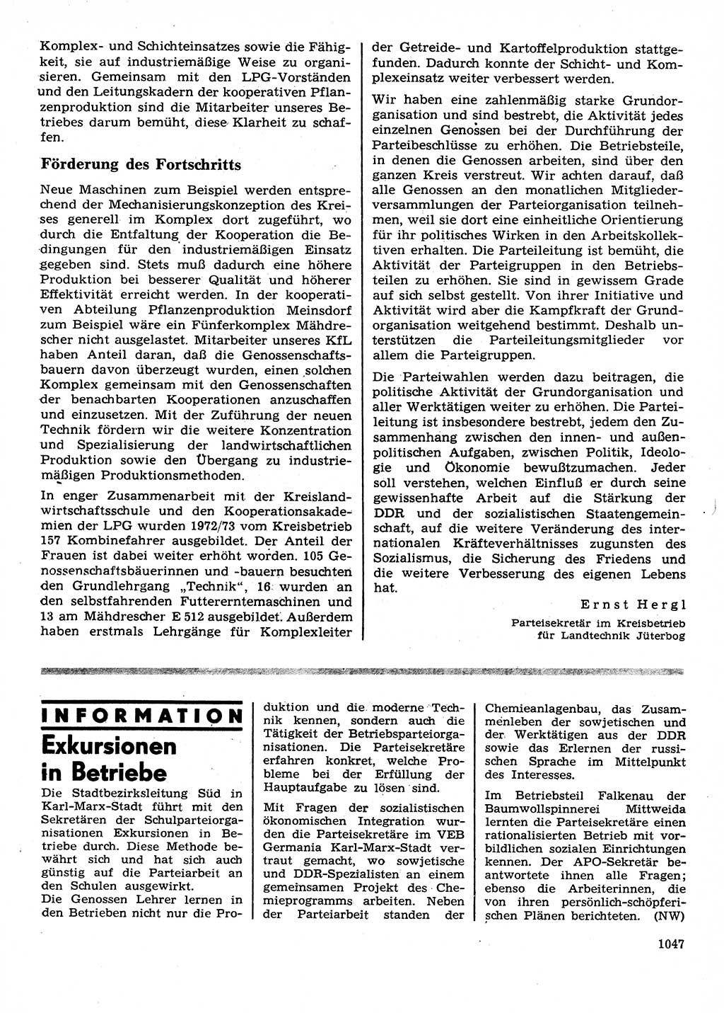 Neuer Weg (NW), Organ des Zentralkomitees (ZK) der SED (Sozialistische Einheitspartei Deutschlands) für Fragen des Parteilebens, 28. Jahrgang [Deutsche Demokratische Republik (DDR)] 1973, Seite 1047 (NW ZK SED DDR 1973, S. 1047)