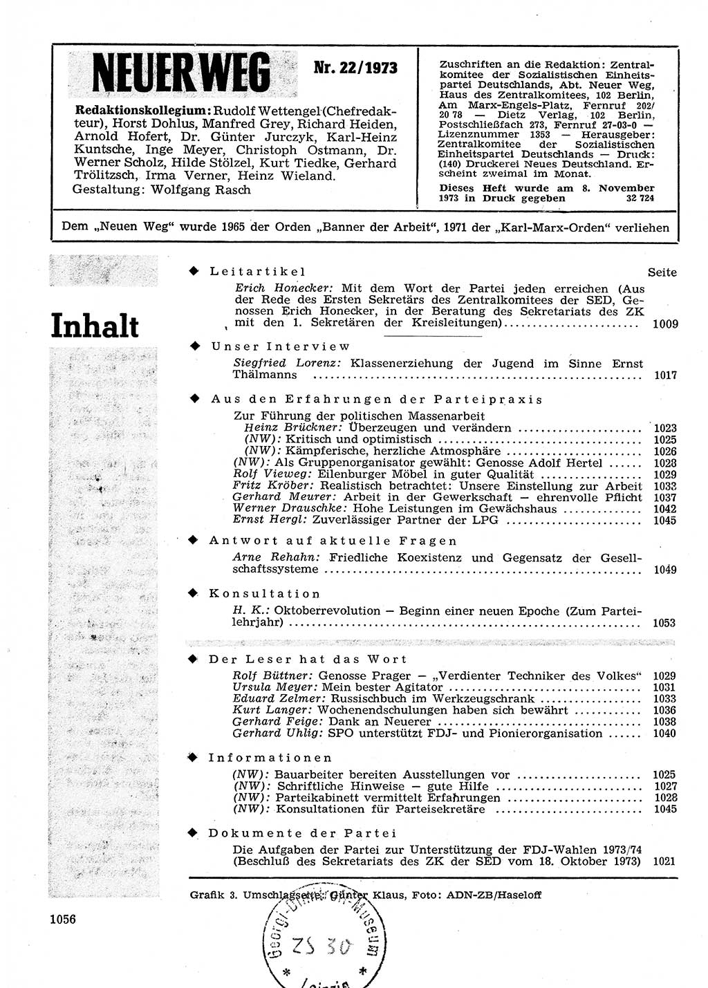 Neuer Weg (NW), Organ des Zentralkomitees (ZK) der SED (Sozialistische Einheitspartei Deutschlands) für Fragen des Parteilebens, 28. Jahrgang [Deutsche Demokratische Republik (DDR)] 1973, Seite 1056 (NW ZK SED DDR 1973, S. 1056)
