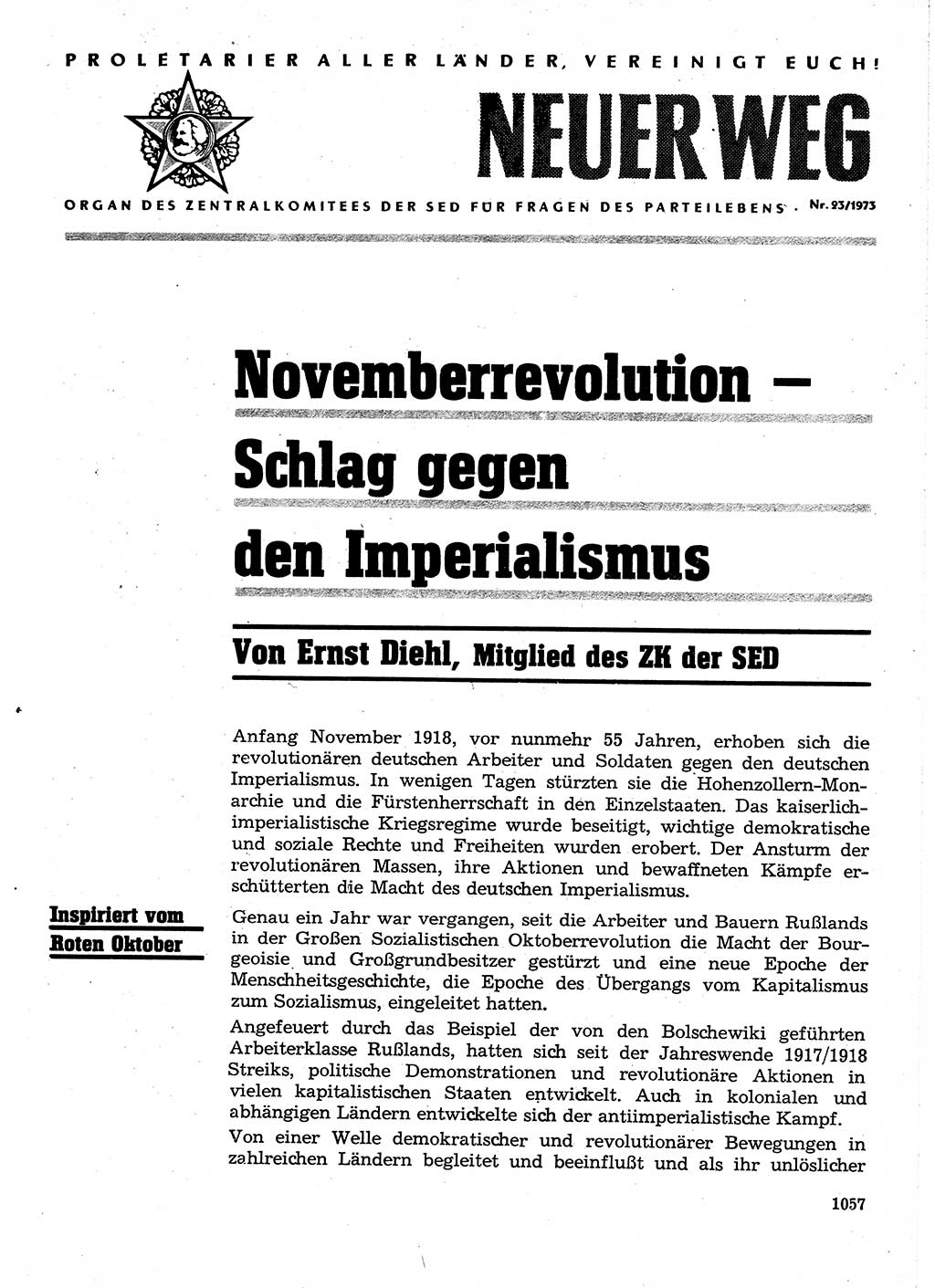 Neuer Weg (NW), Organ des Zentralkomitees (ZK) der SED (Sozialistische Einheitspartei Deutschlands) für Fragen des Parteilebens, 28. Jahrgang [Deutsche Demokratische Republik (DDR)] 1973, Seite 1057 (NW ZK SED DDR 1973, S. 1057)
