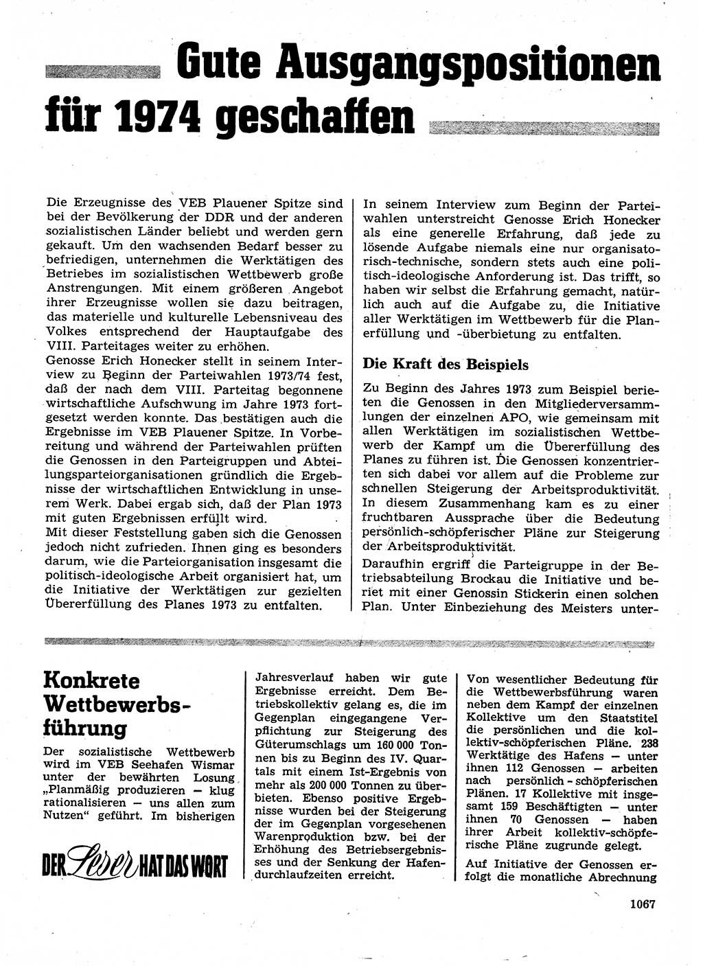 Neuer Weg (NW), Organ des Zentralkomitees (ZK) der SED (Sozialistische Einheitspartei Deutschlands) für Fragen des Parteilebens, 28. Jahrgang [Deutsche Demokratische Republik (DDR)] 1973, Seite 1067 (NW ZK SED DDR 1973, S. 1067)