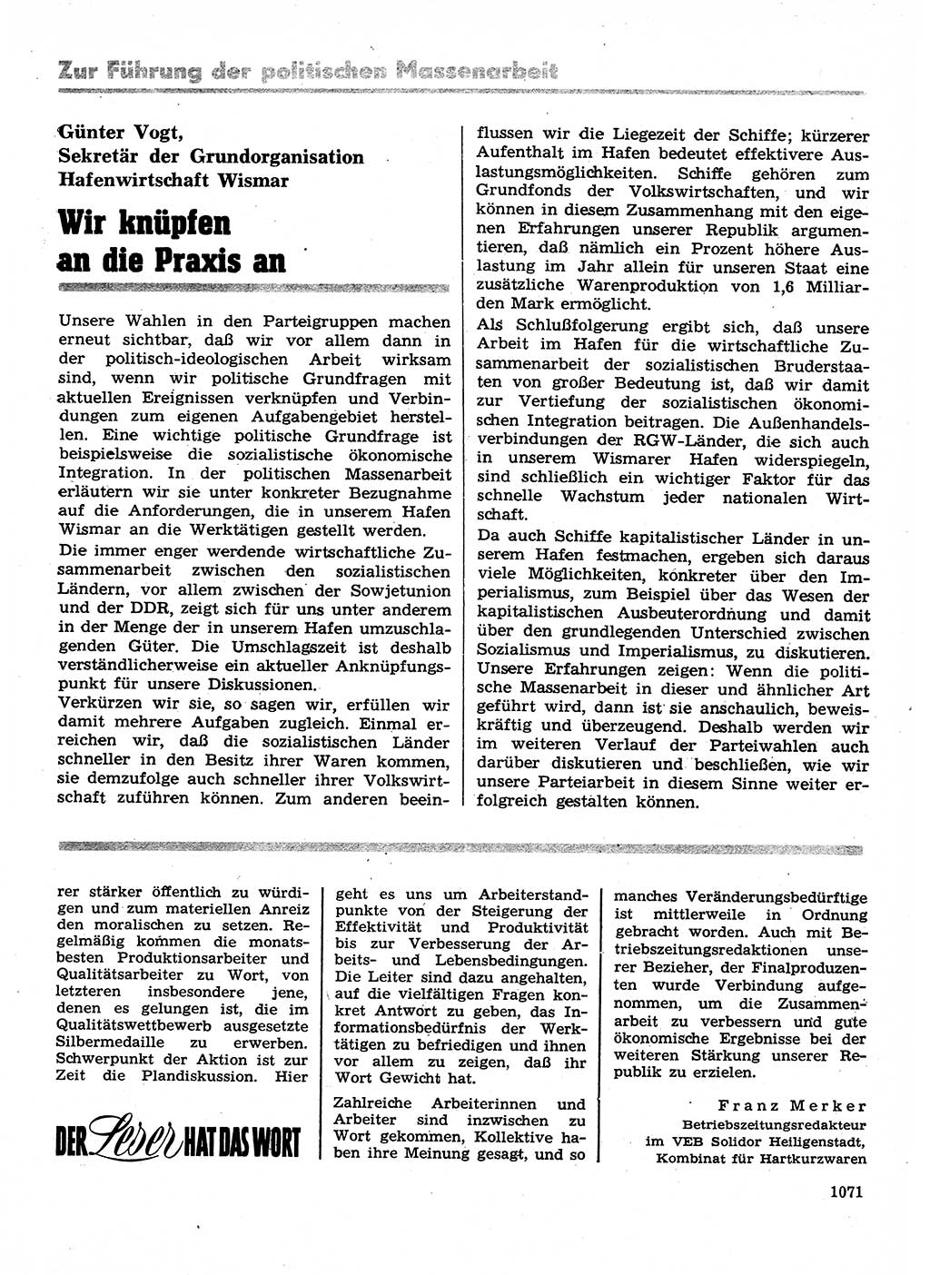 Neuer Weg (NW), Organ des Zentralkomitees (ZK) der SED (Sozialistische Einheitspartei Deutschlands) für Fragen des Parteilebens, 28. Jahrgang [Deutsche Demokratische Republik (DDR)] 1973, Seite 1071 (NW ZK SED DDR 1973, S. 1071)