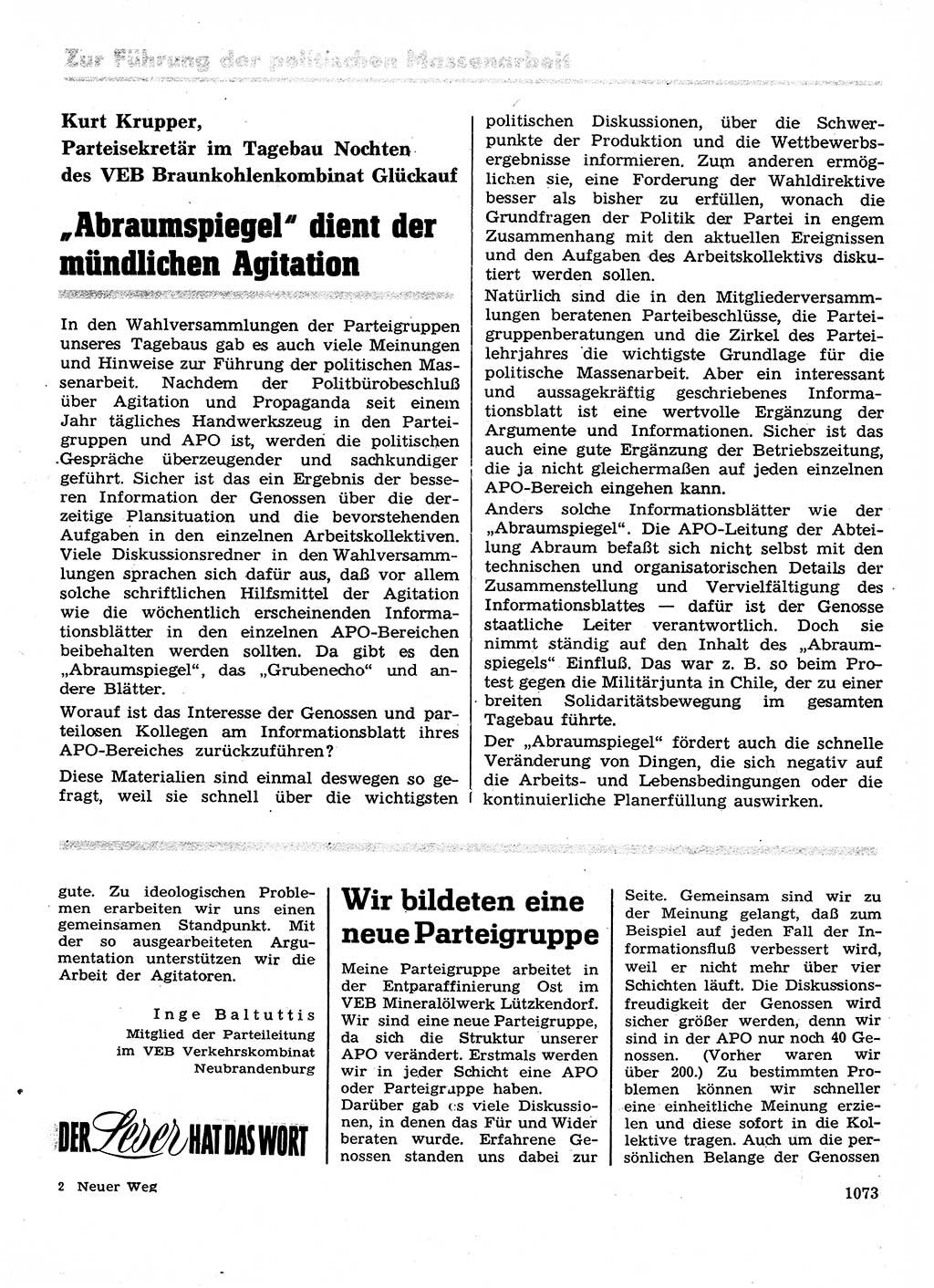 Neuer Weg (NW), Organ des Zentralkomitees (ZK) der SED (Sozialistische Einheitspartei Deutschlands) für Fragen des Parteilebens, 28. Jahrgang [Deutsche Demokratische Republik (DDR)] 1973, Seite 1073 (NW ZK SED DDR 1973, S. 1073)