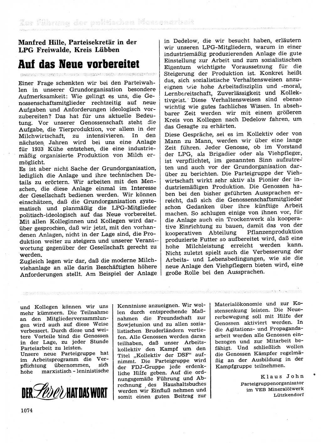 Neuer Weg (NW), Organ des Zentralkomitees (ZK) der SED (Sozialistische Einheitspartei Deutschlands) für Fragen des Parteilebens, 28. Jahrgang [Deutsche Demokratische Republik (DDR)] 1973, Seite 1074 (NW ZK SED DDR 1973, S. 1074)