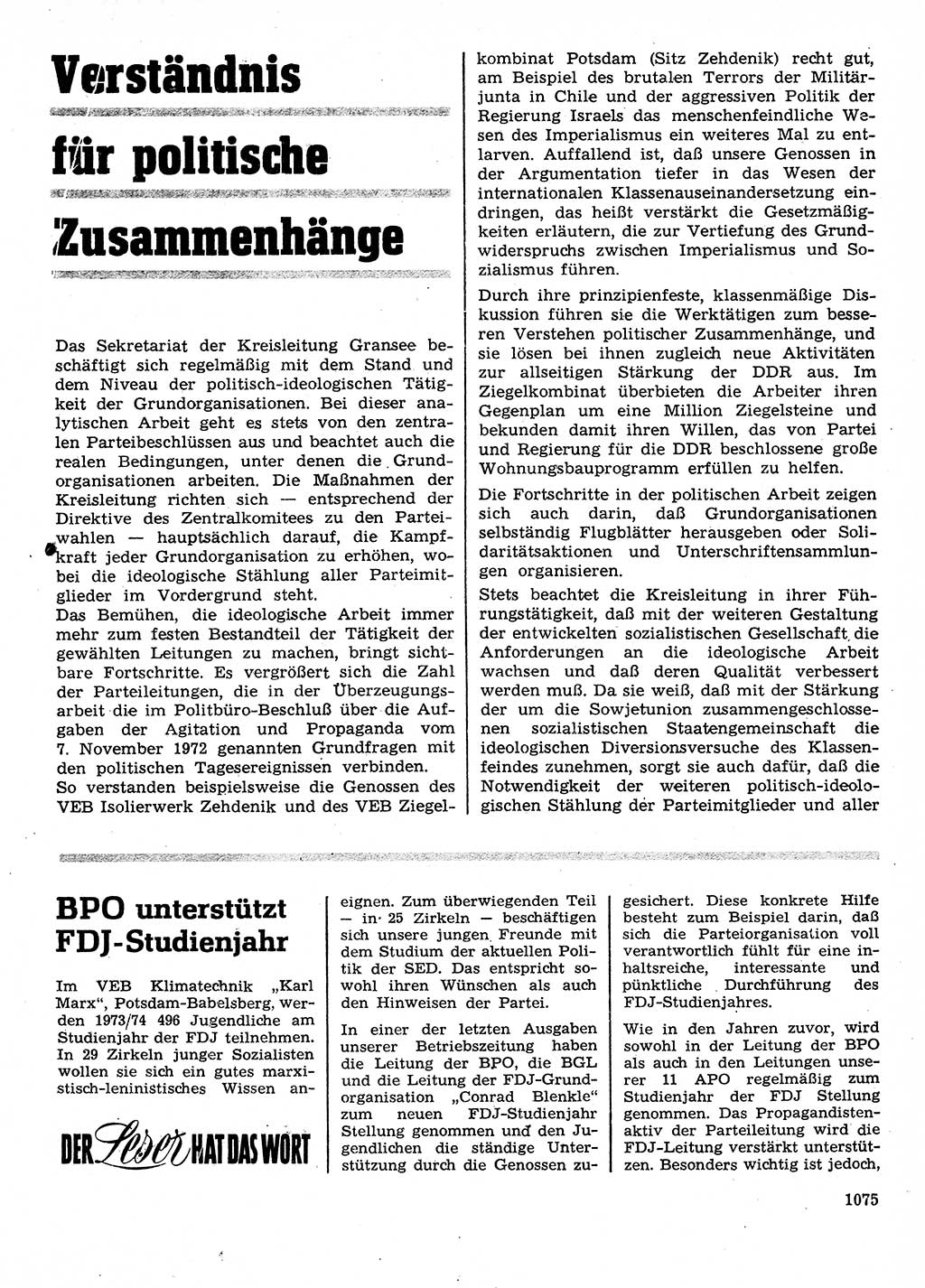 Neuer Weg (NW), Organ des Zentralkomitees (ZK) der SED (Sozialistische Einheitspartei Deutschlands) für Fragen des Parteilebens, 28. Jahrgang [Deutsche Demokratische Republik (DDR)] 1973, Seite 1075 (NW ZK SED DDR 1973, S. 1075)