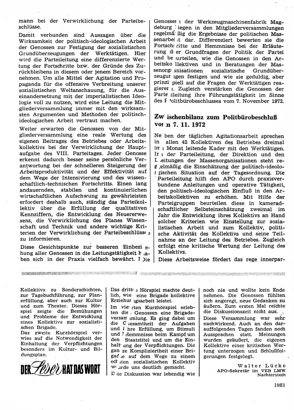 Neuer Weg (NW), Organ des Zentralkomitees (ZK) der SED (Sozialistische Einheitspartei Deutschlands) für Fragen des Parteilebens, 28. Jahrgang [Deutsche Demokratische Republik (DDR)] 1973, Seite 1083 (NW ZK SED DDR 1973, S. 1083)