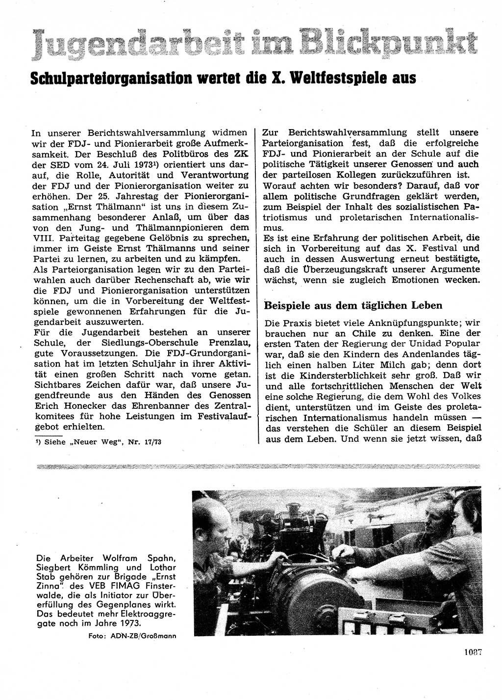 Neuer Weg (NW), Organ des Zentralkomitees (ZK) der SED (Sozialistische Einheitspartei Deutschlands) für Fragen des Parteilebens, 28. Jahrgang [Deutsche Demokratische Republik (DDR)] 1973, Seite 1087 (NW ZK SED DDR 1973, S. 1087)