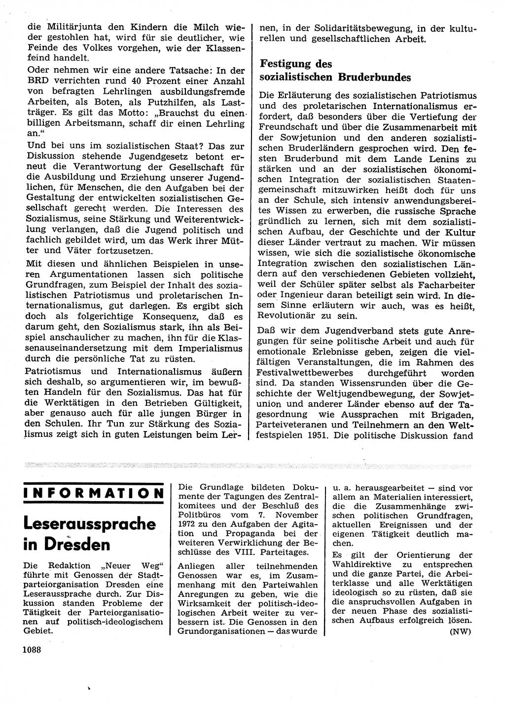 Neuer Weg (NW), Organ des Zentralkomitees (ZK) der SED (Sozialistische Einheitspartei Deutschlands) für Fragen des Parteilebens, 28. Jahrgang [Deutsche Demokratische Republik (DDR)] 1973, Seite 1088 (NW ZK SED DDR 1973, S. 1088)