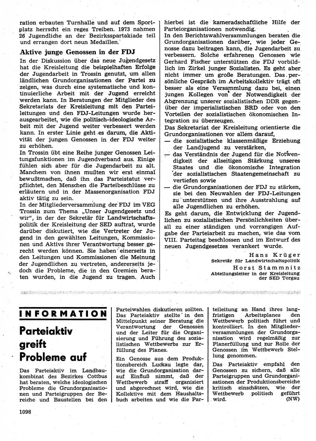 Neuer Weg (NW), Organ des Zentralkomitees (ZK) der SED (Sozialistische Einheitspartei Deutschlands) für Fragen des Parteilebens, 28. Jahrgang [Deutsche Demokratische Republik (DDR)] 1973, Seite 1098 (NW ZK SED DDR 1973, S. 1098)
