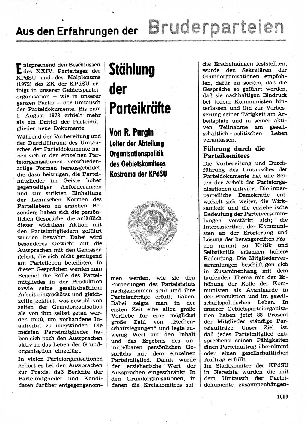 Neuer Weg (NW), Organ des Zentralkomitees (ZK) der SED (Sozialistische Einheitspartei Deutschlands) für Fragen des Parteilebens, 28. Jahrgang [Deutsche Demokratische Republik (DDR)] 1973, Seite 1099 (NW ZK SED DDR 1973, S. 1099)